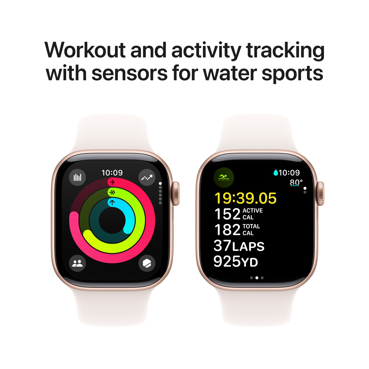 Twee Apple Watches tonen workoutgegevens. Tekst: Workout- en activiteitstracking met sensoren voor watersport.