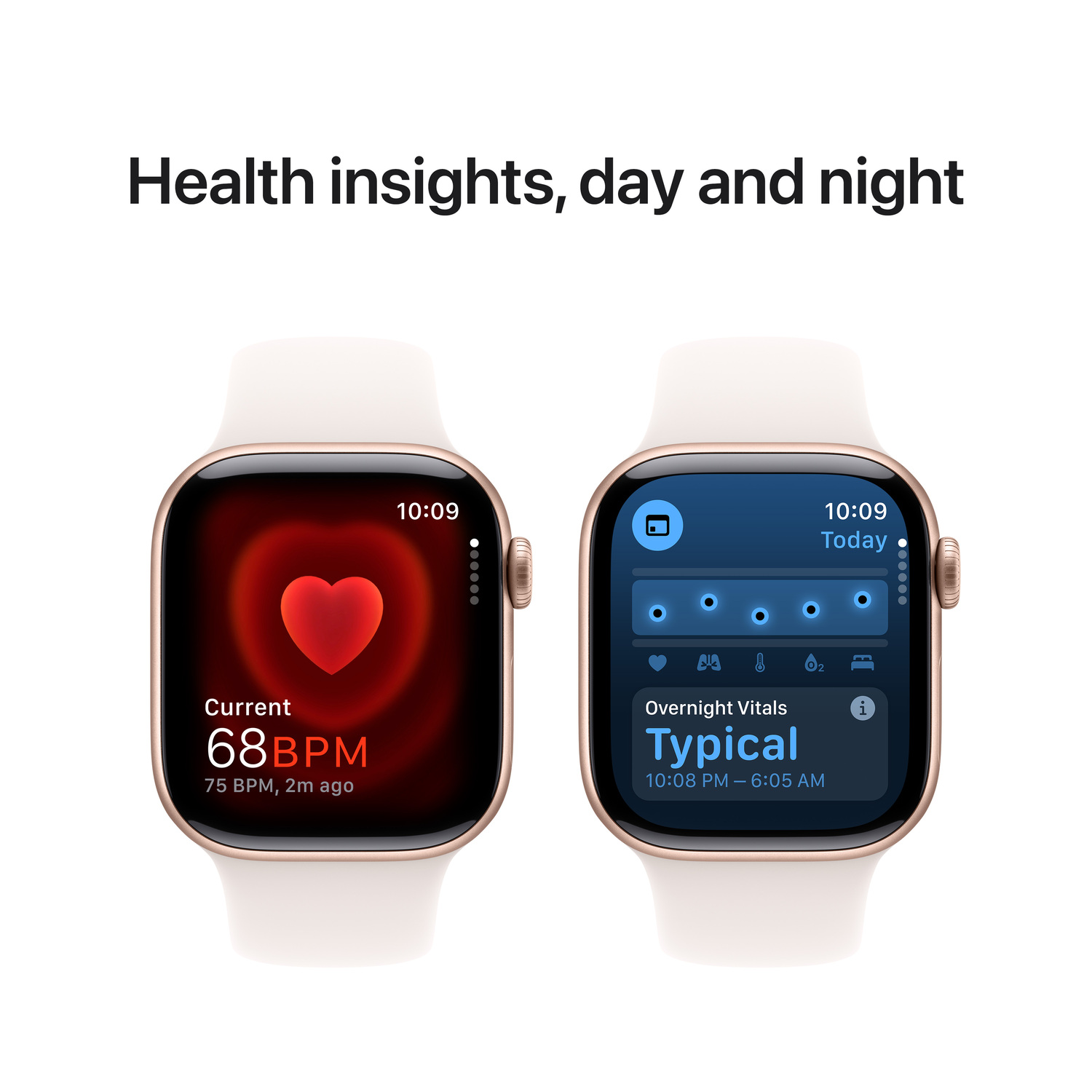 Twee Apple Watches met gezondheidsgegevens, inclusief hartslag en nachtelijke vitals, op witte achtergrond.