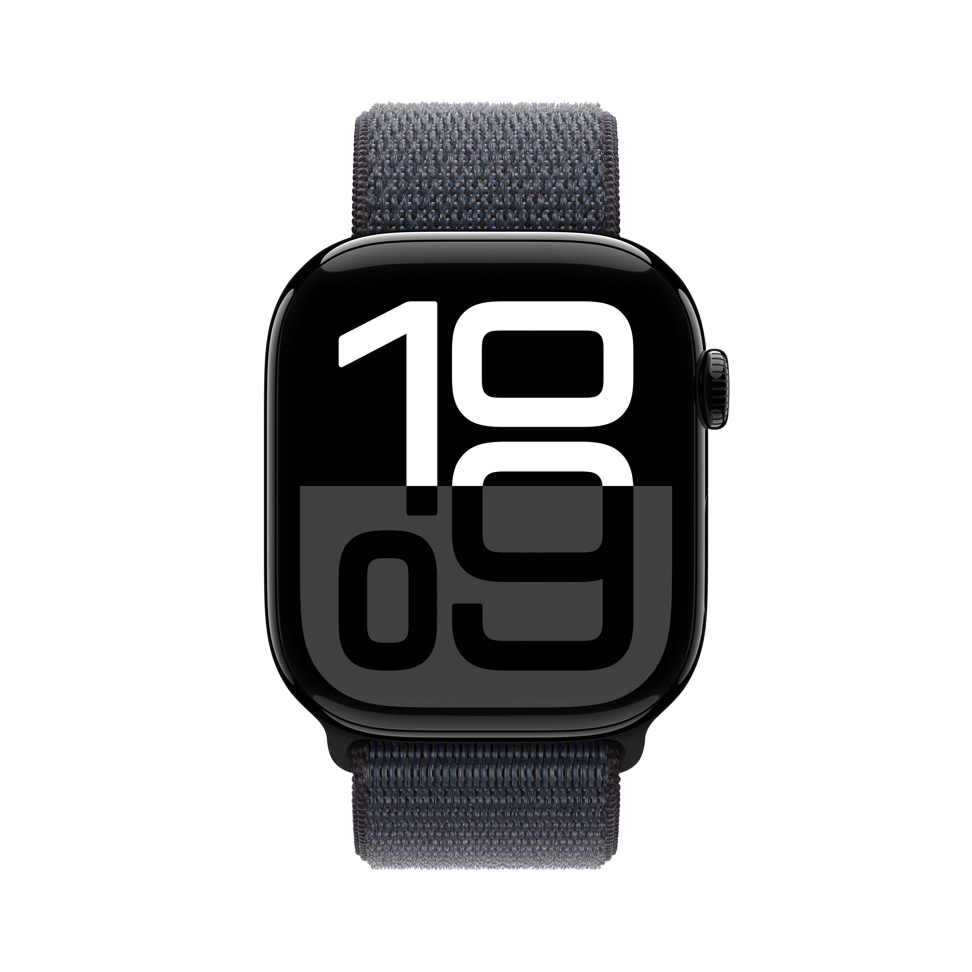 Schwarze Smartwatch mit dunkelgrauem Armband, zeigt die Uhrzeit 19:09 auf einem Zifferblatt mit großen weißen Zahlen.