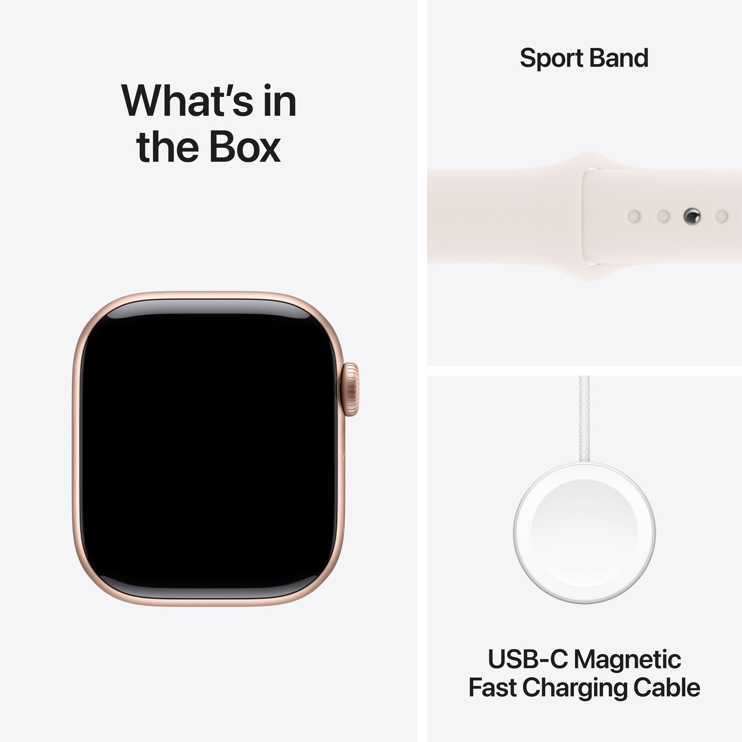 Een smartwatch, een sportbandje en een USB-C magnetische snellaadkabel.