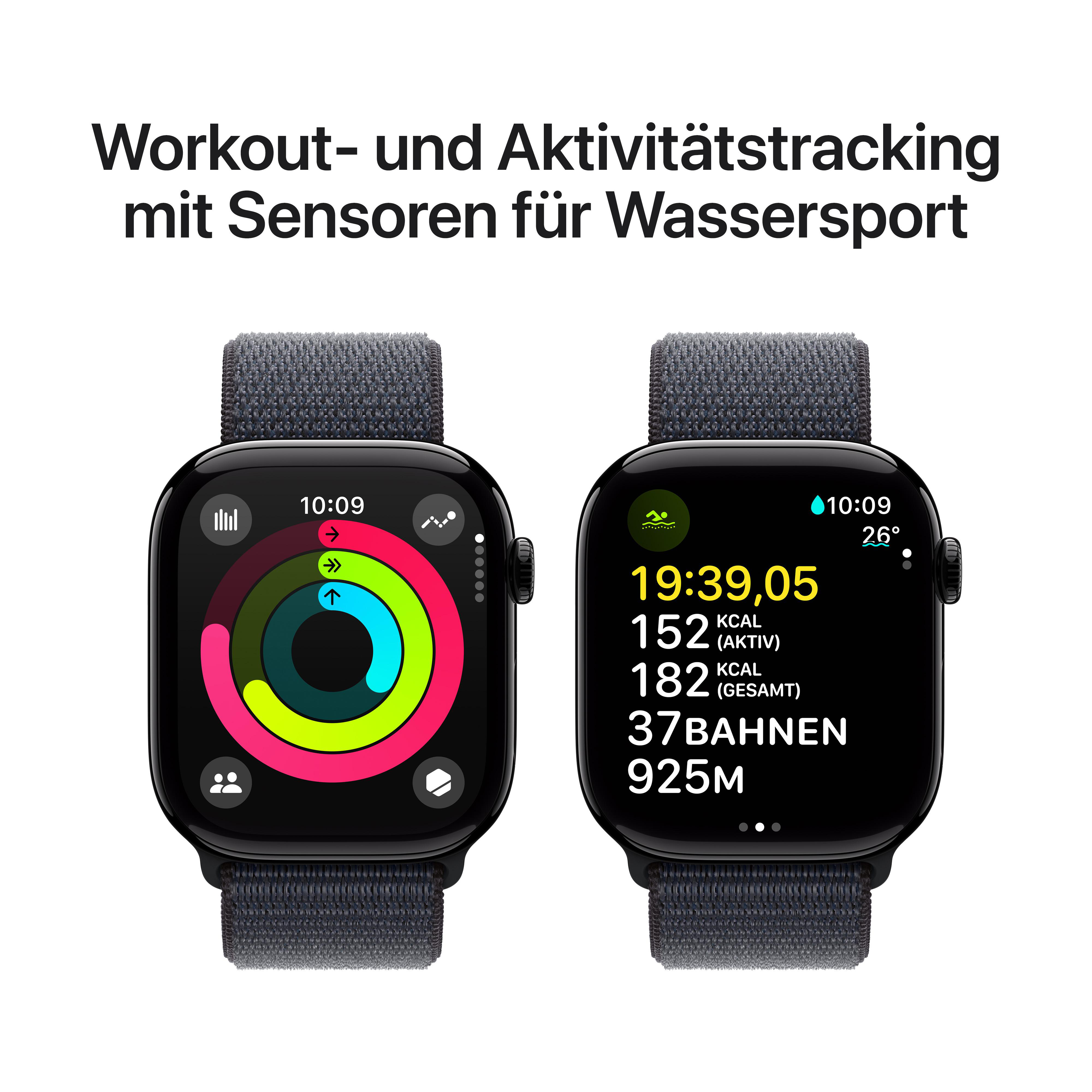 Zwei Smartwatches zeigen Trainingsdaten. Der Text lautet: Training und Aktivitätsverfolgung mit Sensoren für Wassersport.