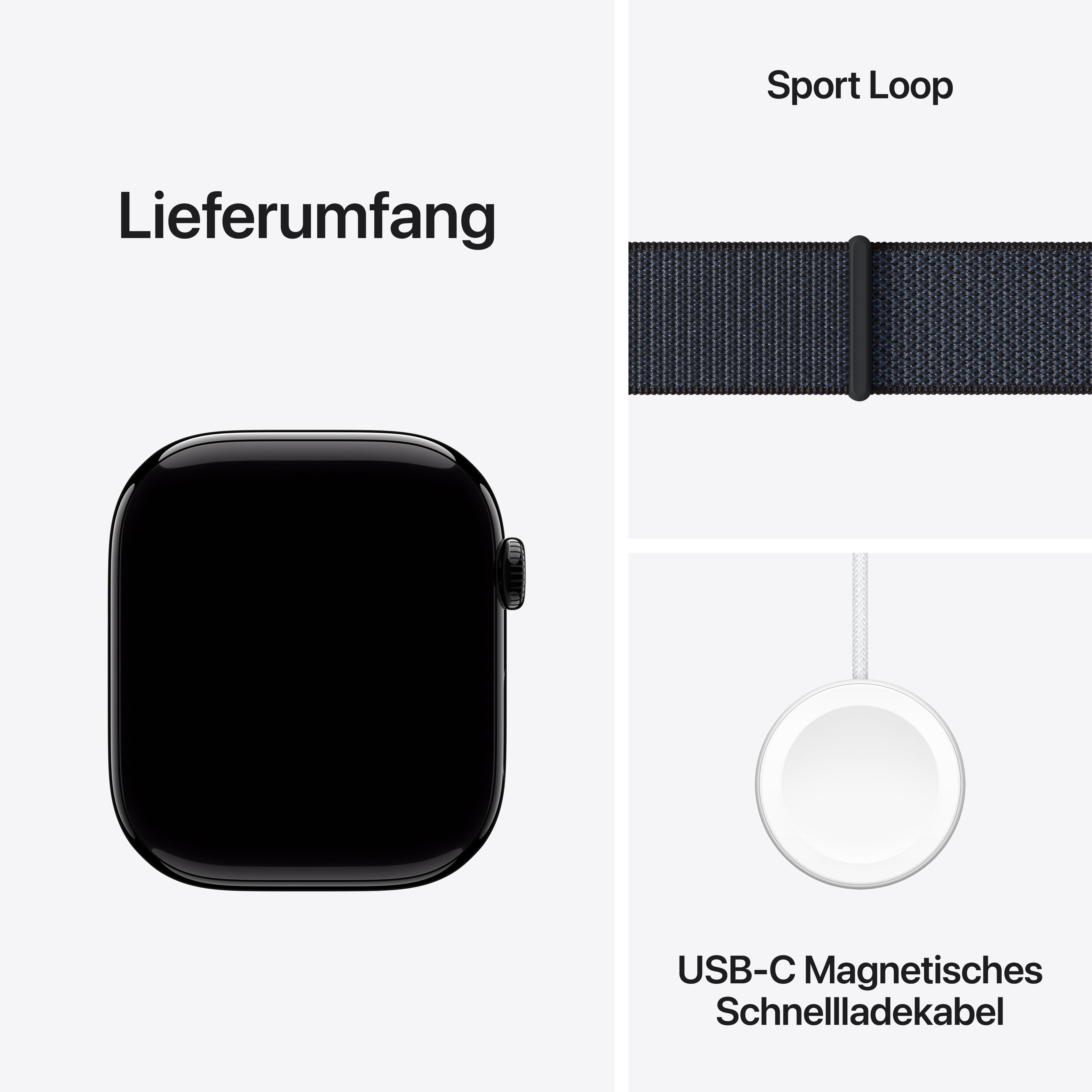 Apple Watch in Schwarz, Sport Loop Armband und Ladekabel. Der Hintergrund ist weiß.