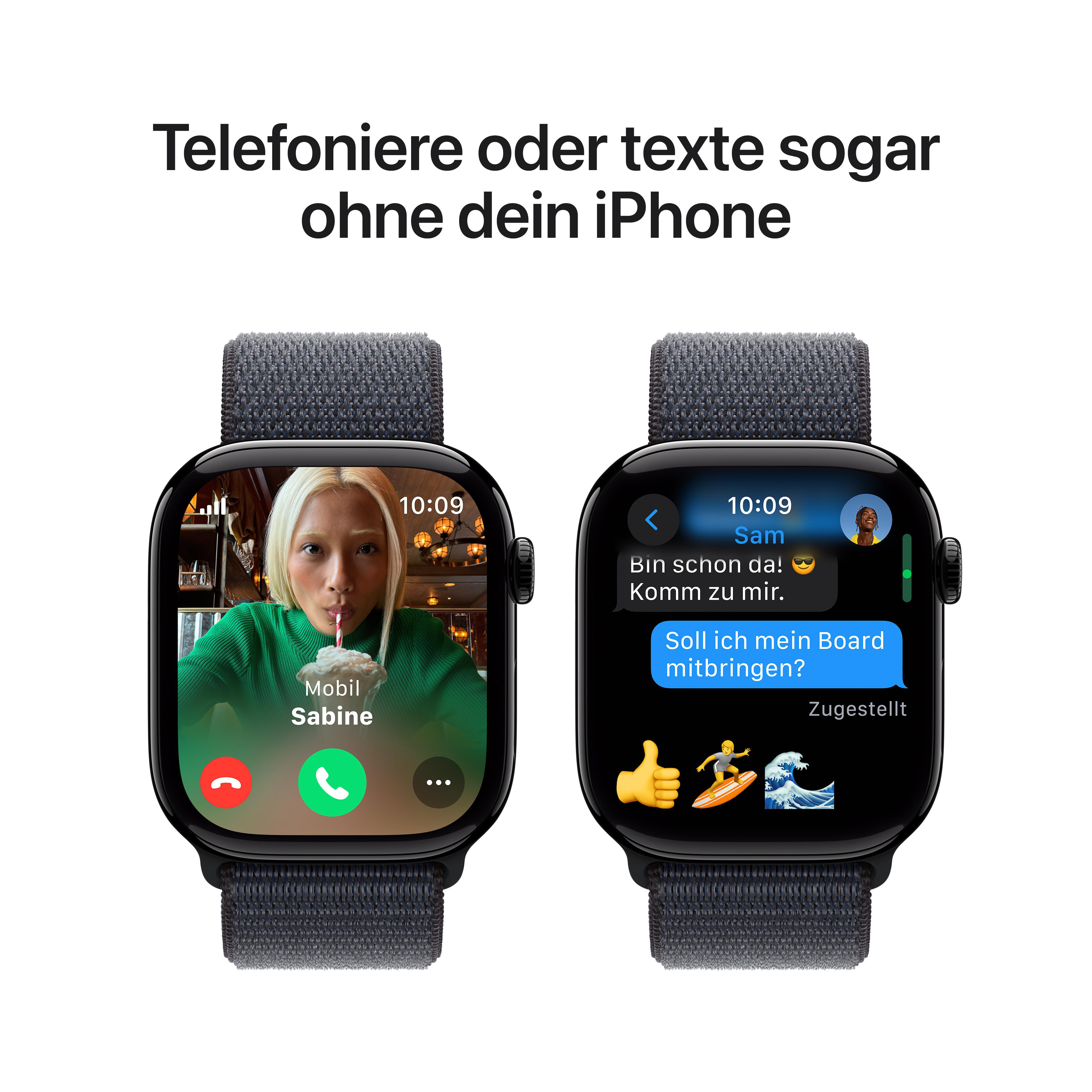 Zwei Smartwatches zeigen Anrufe und Texte mit einer Person auf dem Bildschirm, mit Text darüber.