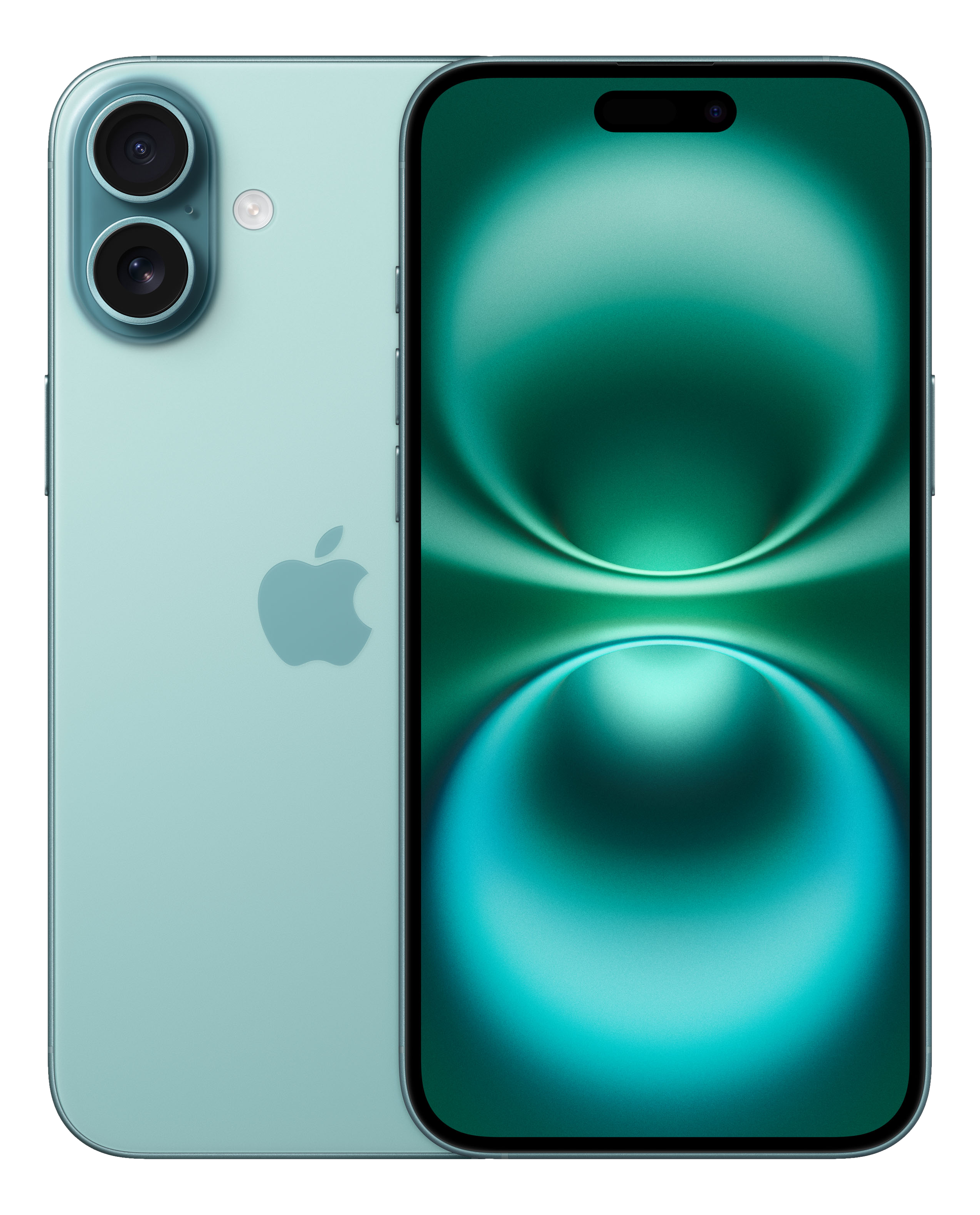 Smartphone azzurro con doppia fotocamera e display sfumato verde.