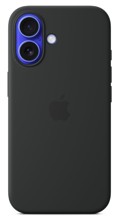 Czarny iPhone z czarnym etui. Etui ma niebieski pierścień wokół obiektywów aparatu i logo Apple.