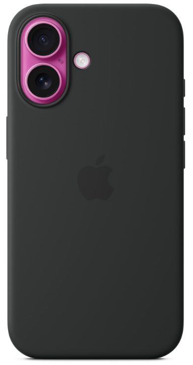 Czarny telefon z czarnym etui i różowymi pierścieniami aparatu, widoczne logo Apple.