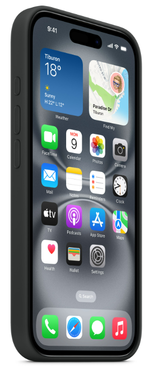 iPhone w czarnym etui wyświetlający ekran główny z ikonami aplikacji i widżetami.