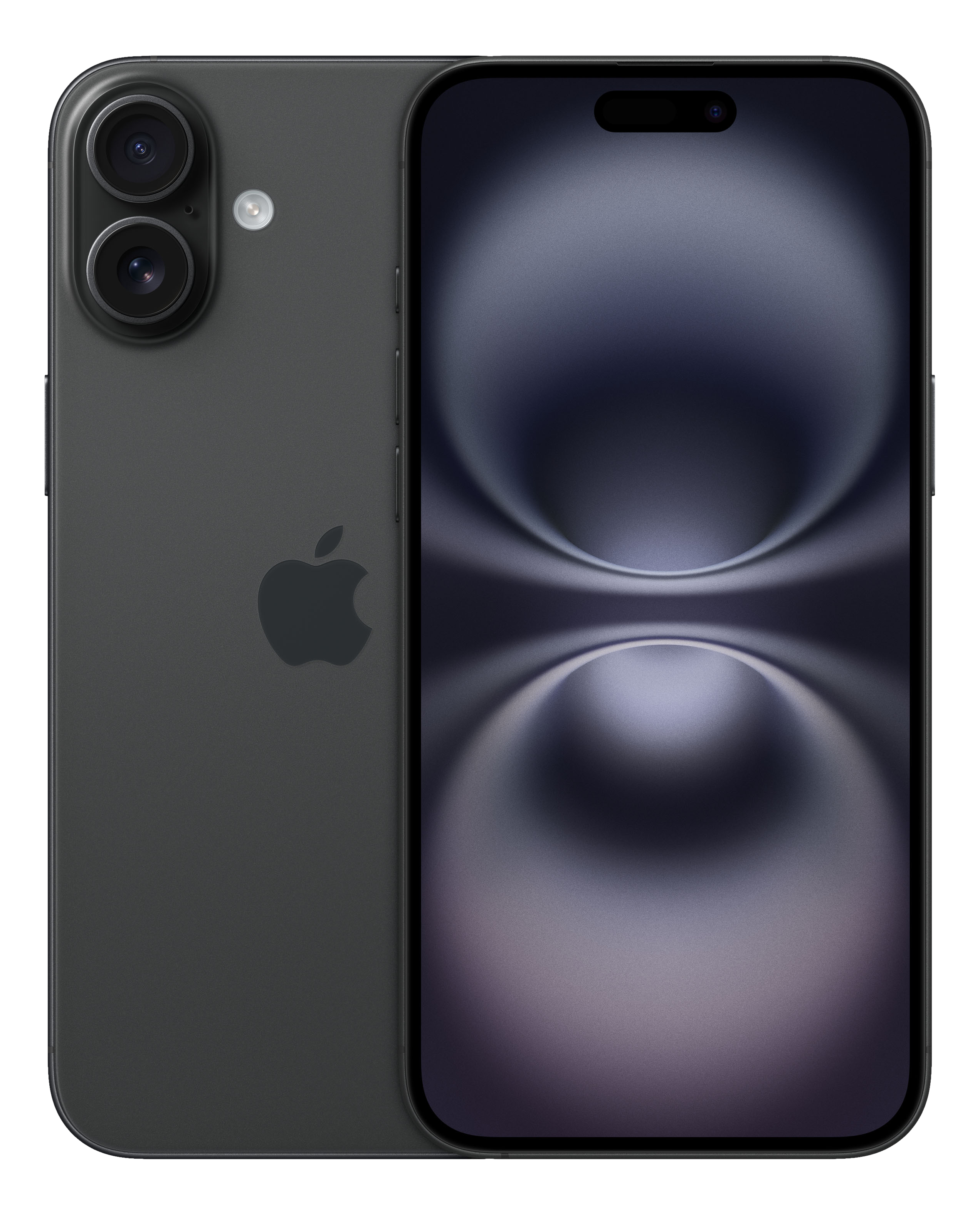 iPhone grigio che mostra retro e fronte, lo schermo mostra uno sfondo astratto.