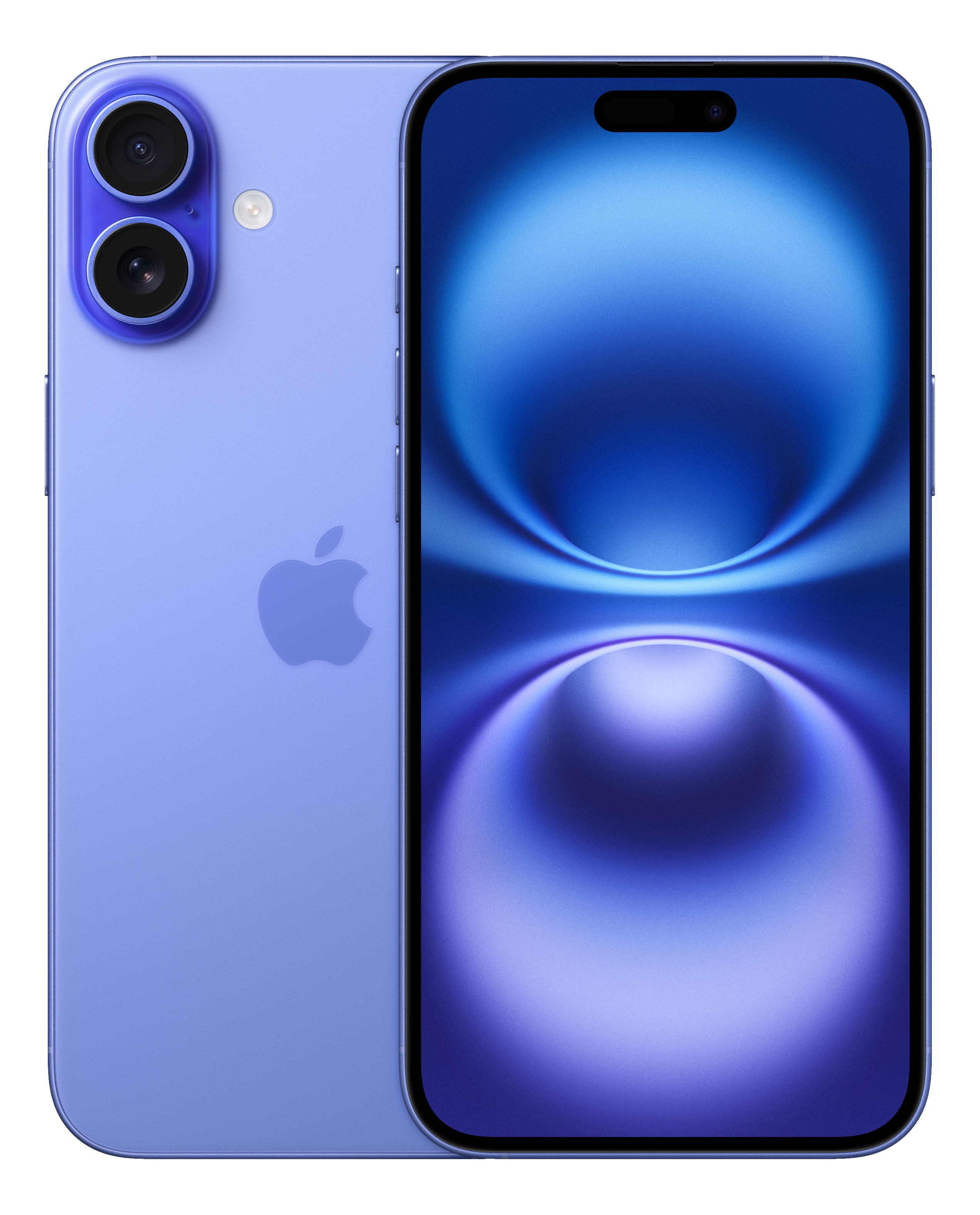 iPhone bleu avec une configuration à double caméra. L'écran affiche un dégradé bleu. Fond noir.