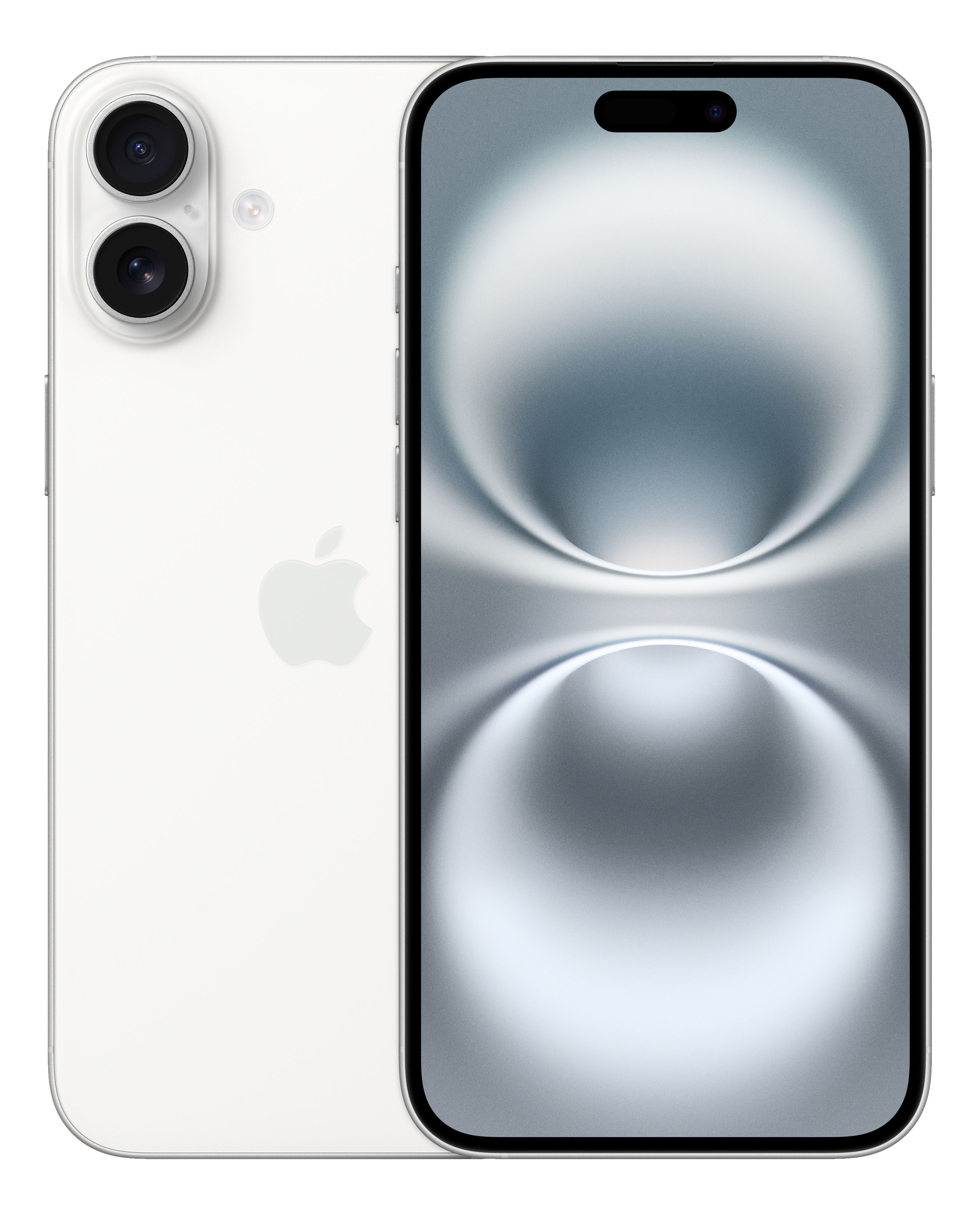 iPhone blanc avec deux caméras arrière et écran avant.