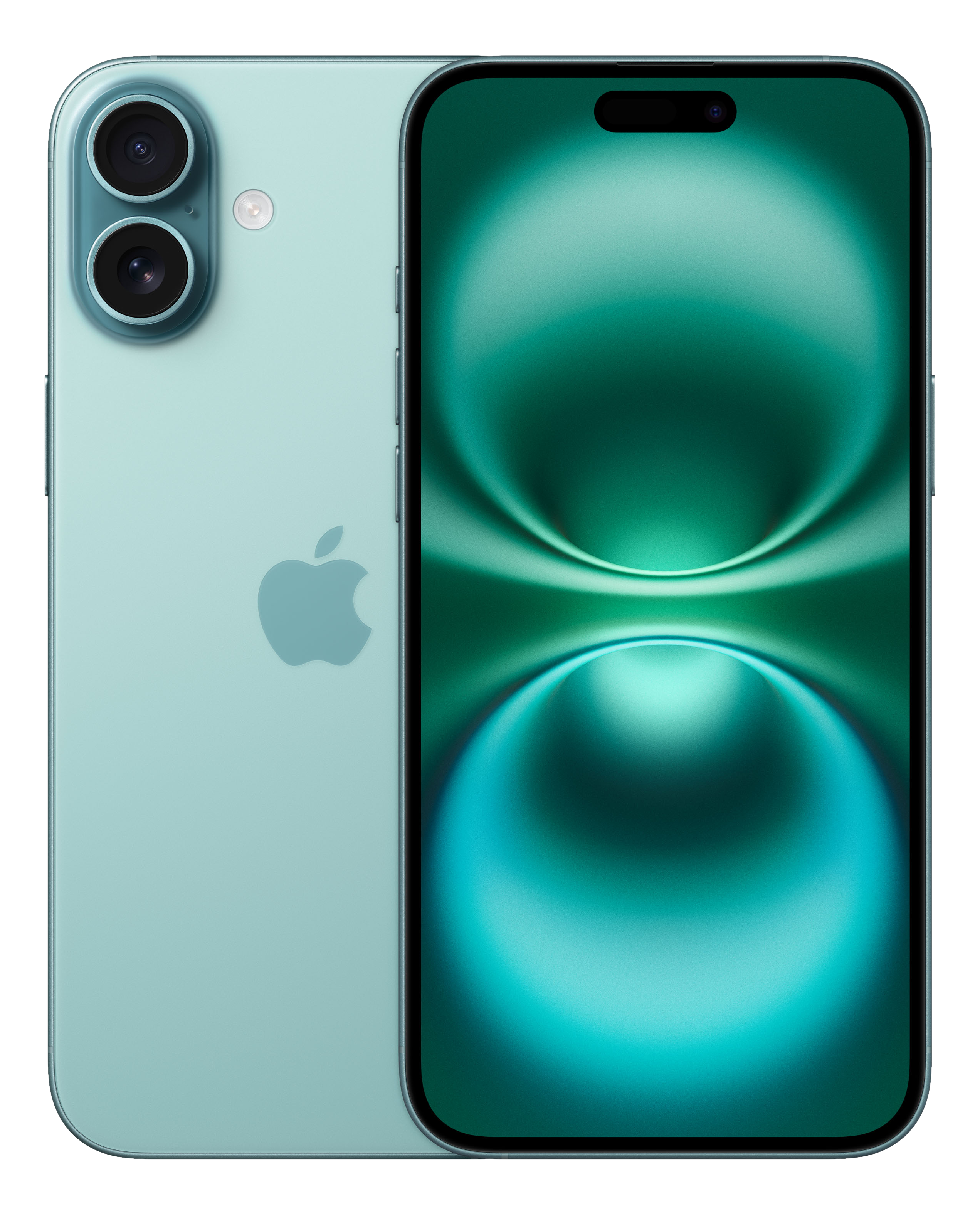 Vista posteriore e anteriore di un iPhone verde chiaro con due fotocamere.