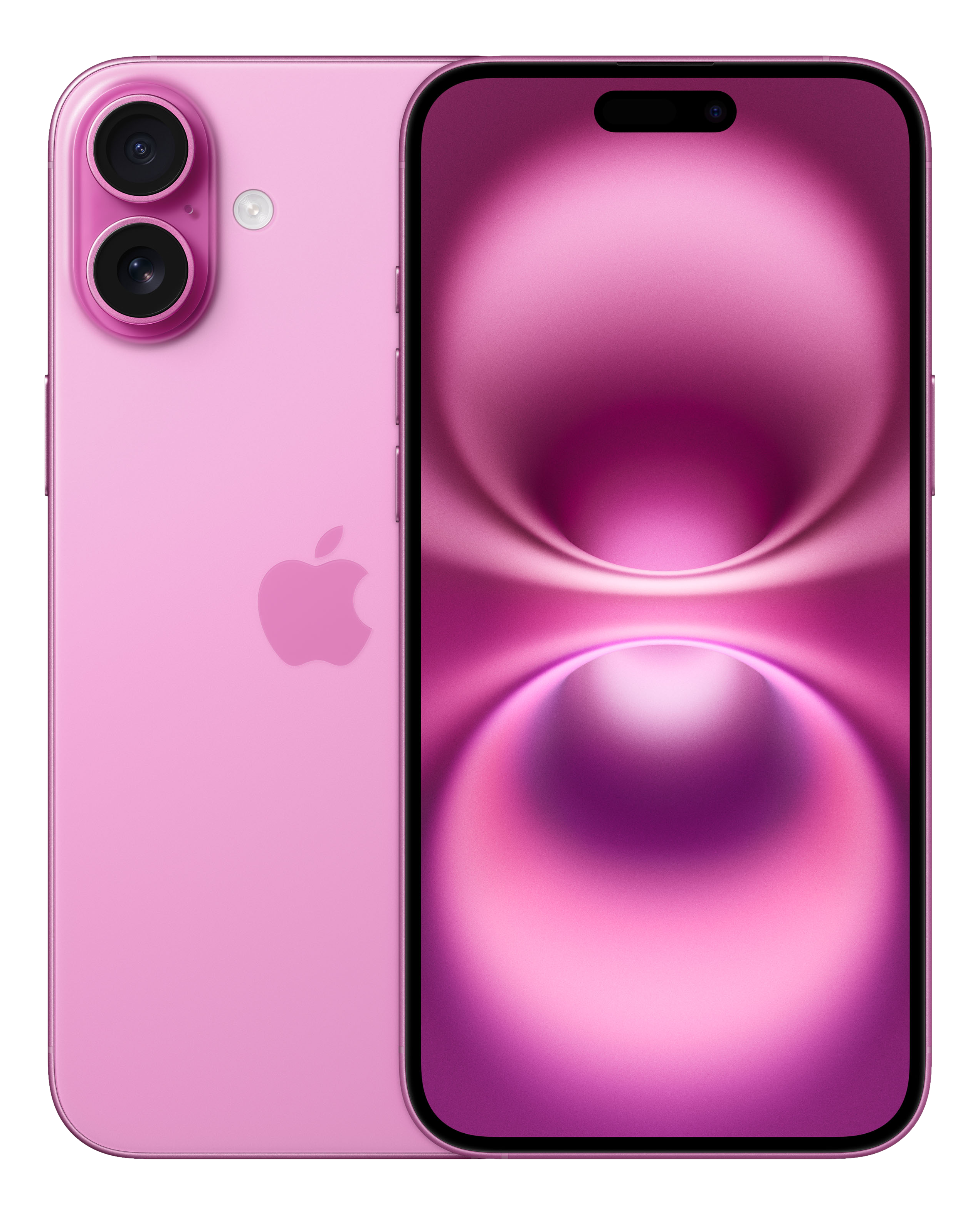 Rosa iPhone. Rückseite zeigt Kameras und Logo. Vorderseite ist Bildschirm mit rosa Design.