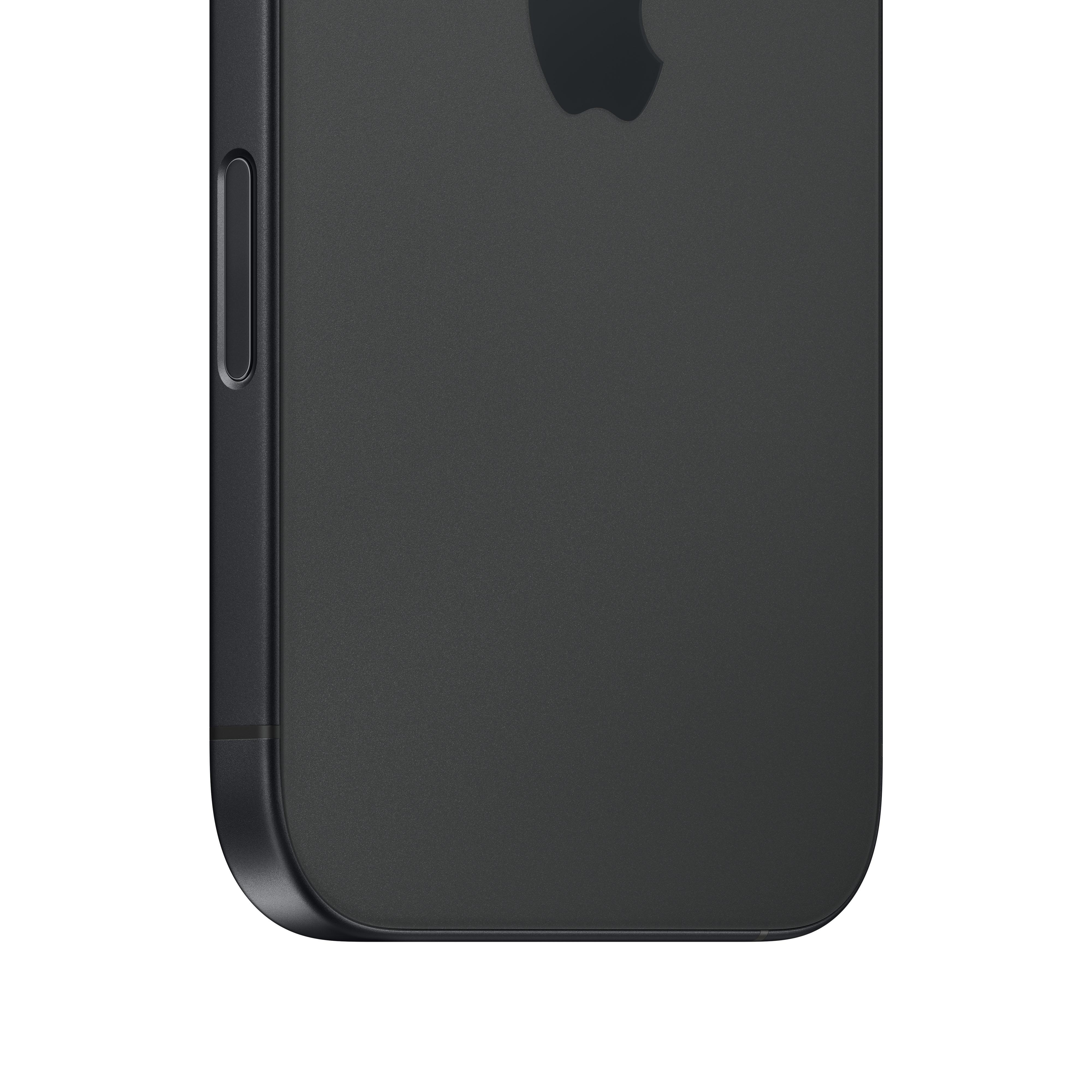 Dunkelgraues Telefon, Seitenansicht. Lautstärketaste sichtbar, Apple-Logo auf der Rückseite.