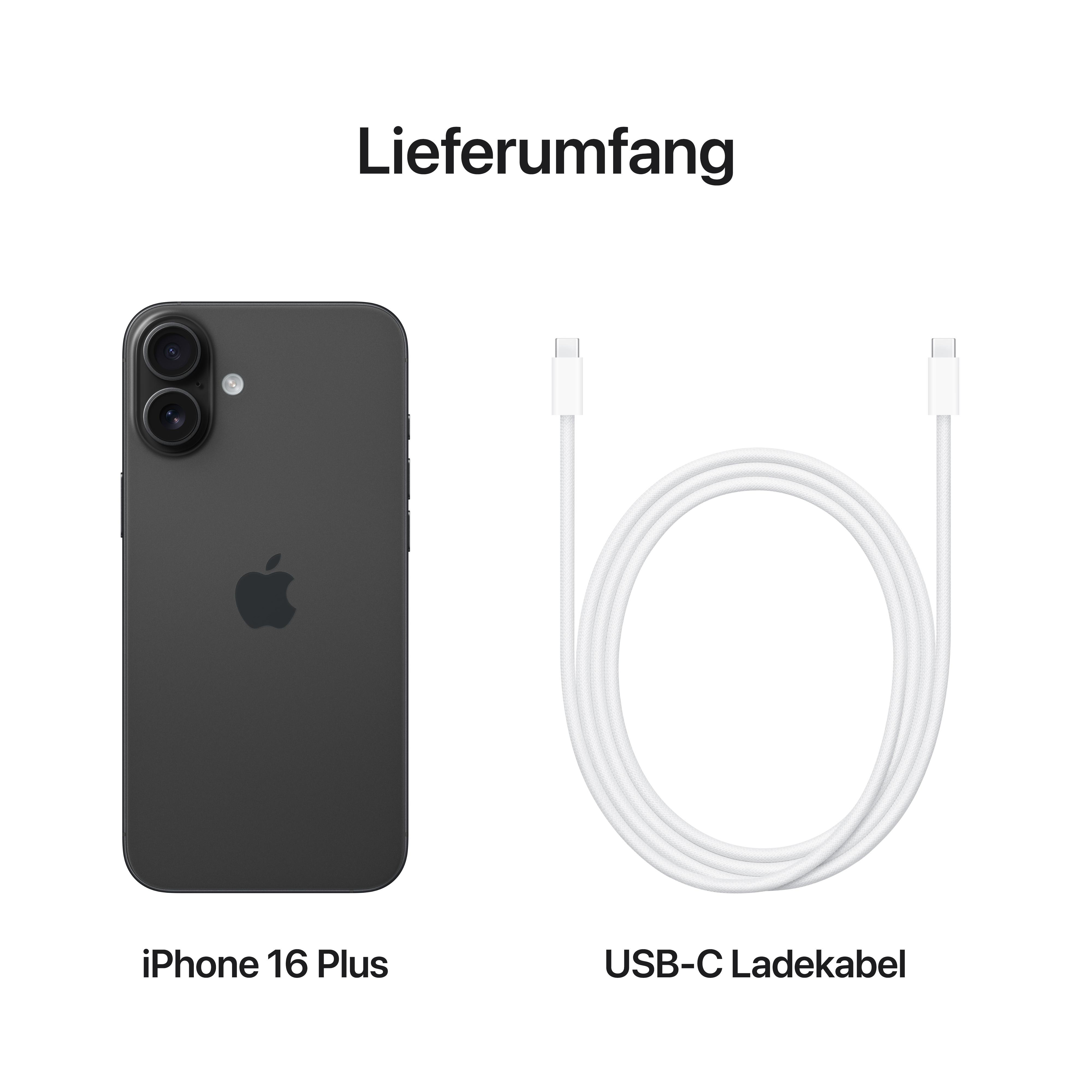 Schwarzes iPhone 16 Plus und USB-C-Kabel auf weißem Hintergrund. Text lautet Lieferumfang.