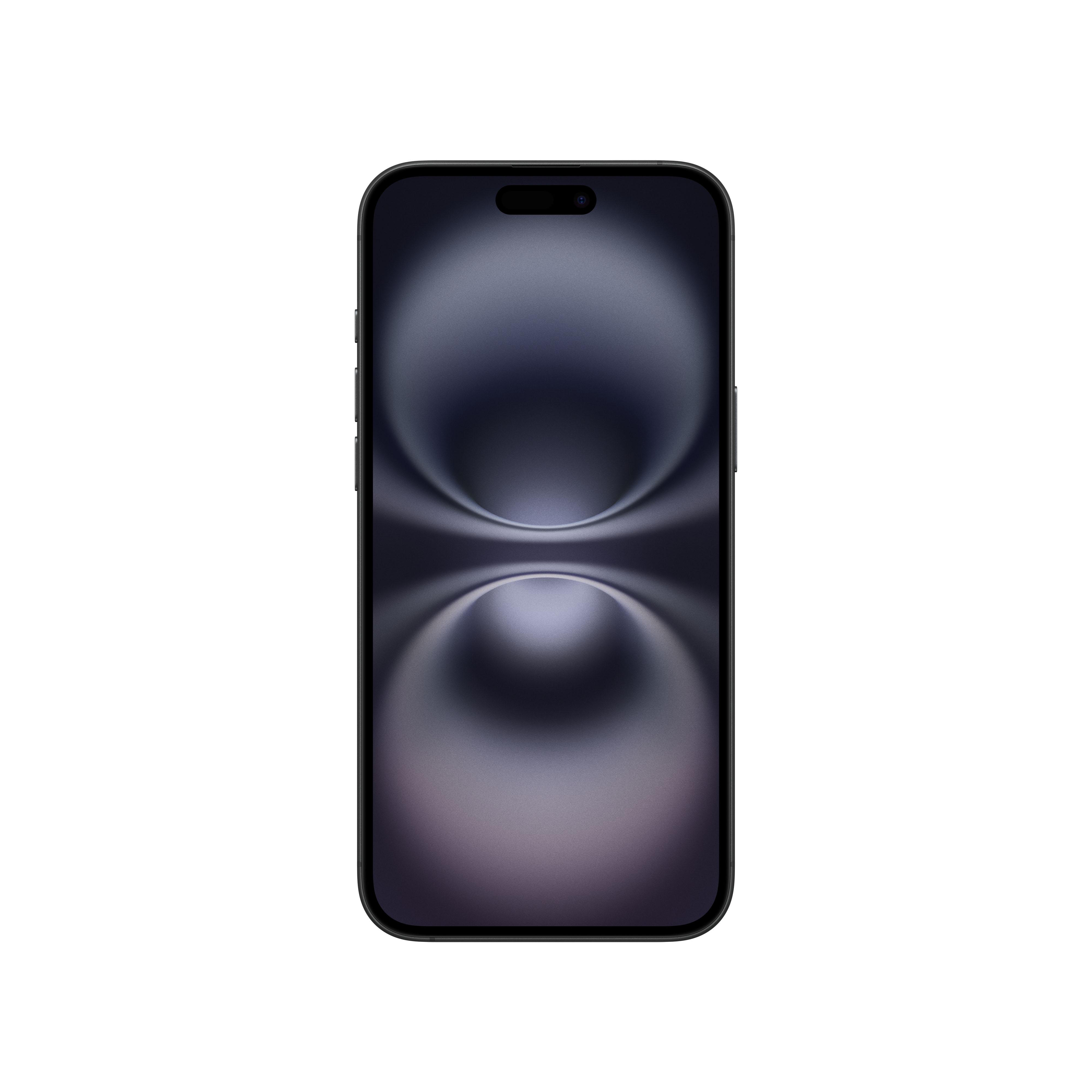 Schwarzes Smartphone auf weißem Hintergrund. Der Bildschirm zeigt ein schattiertes, abstraktes Design.