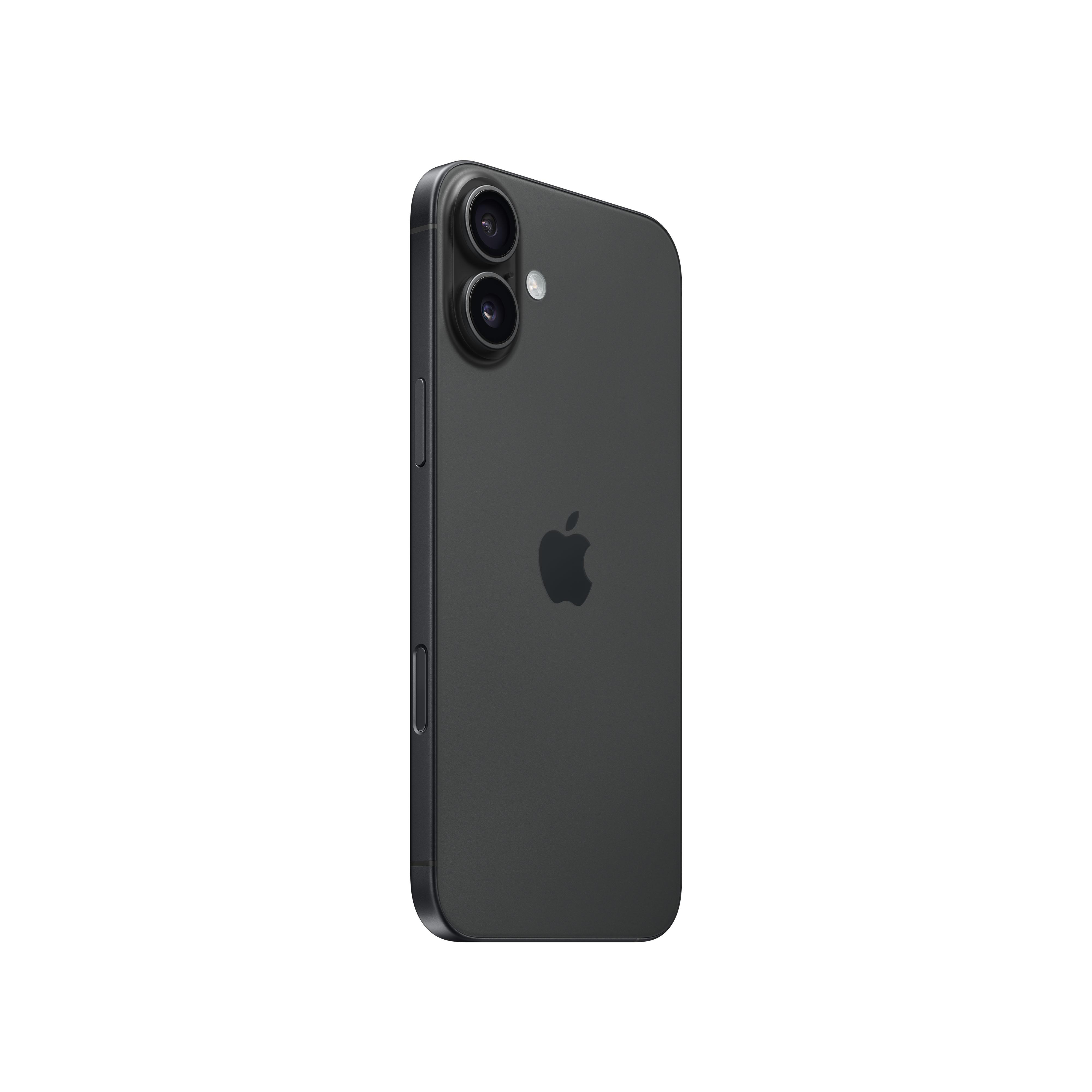 Rückansicht eines schwarzen iPhones, Kamera und Apple-Logo zeigend. Seite zeigt Lautstärketasten.