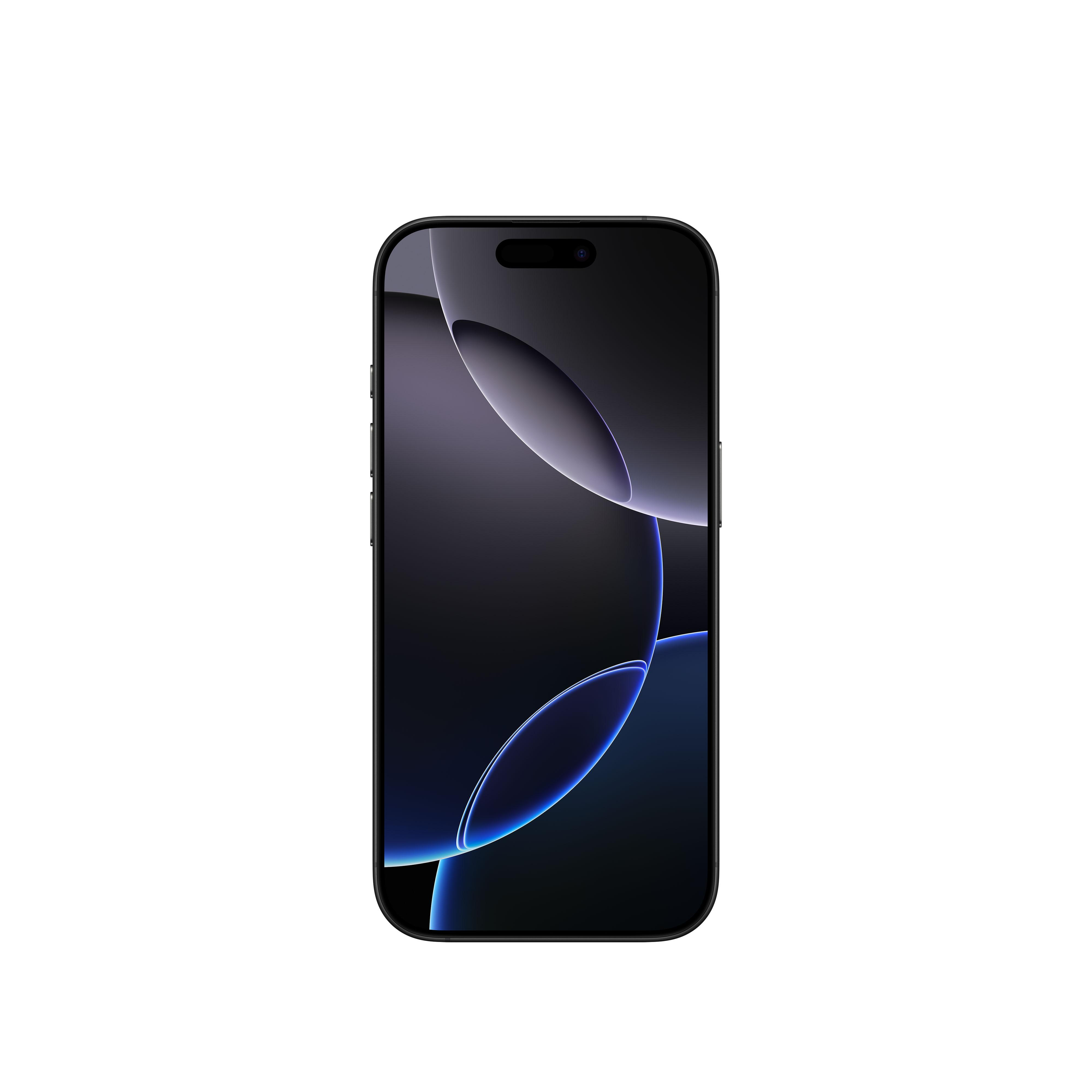 Ein schwarzes Smartphone mit einem Bildschirm, der ein dunkles, abstraktes Design anzeigt. Der Bildschirm steht im Fokus.