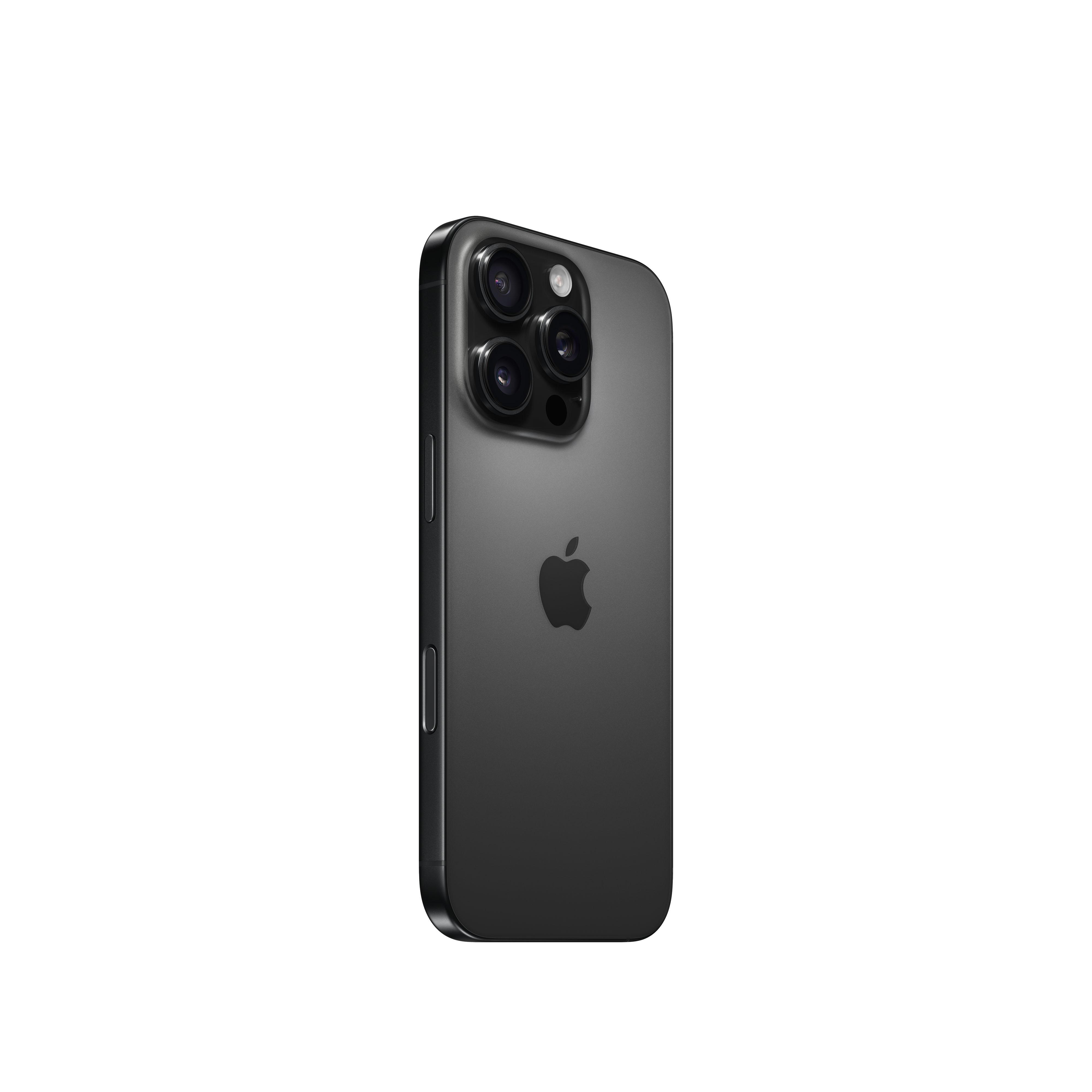 Ein schwarzes Smartphone von hinten und der Seite gesehen. Das Apple-Logo ist sichtbar, zusammen mit Kameralinsen.