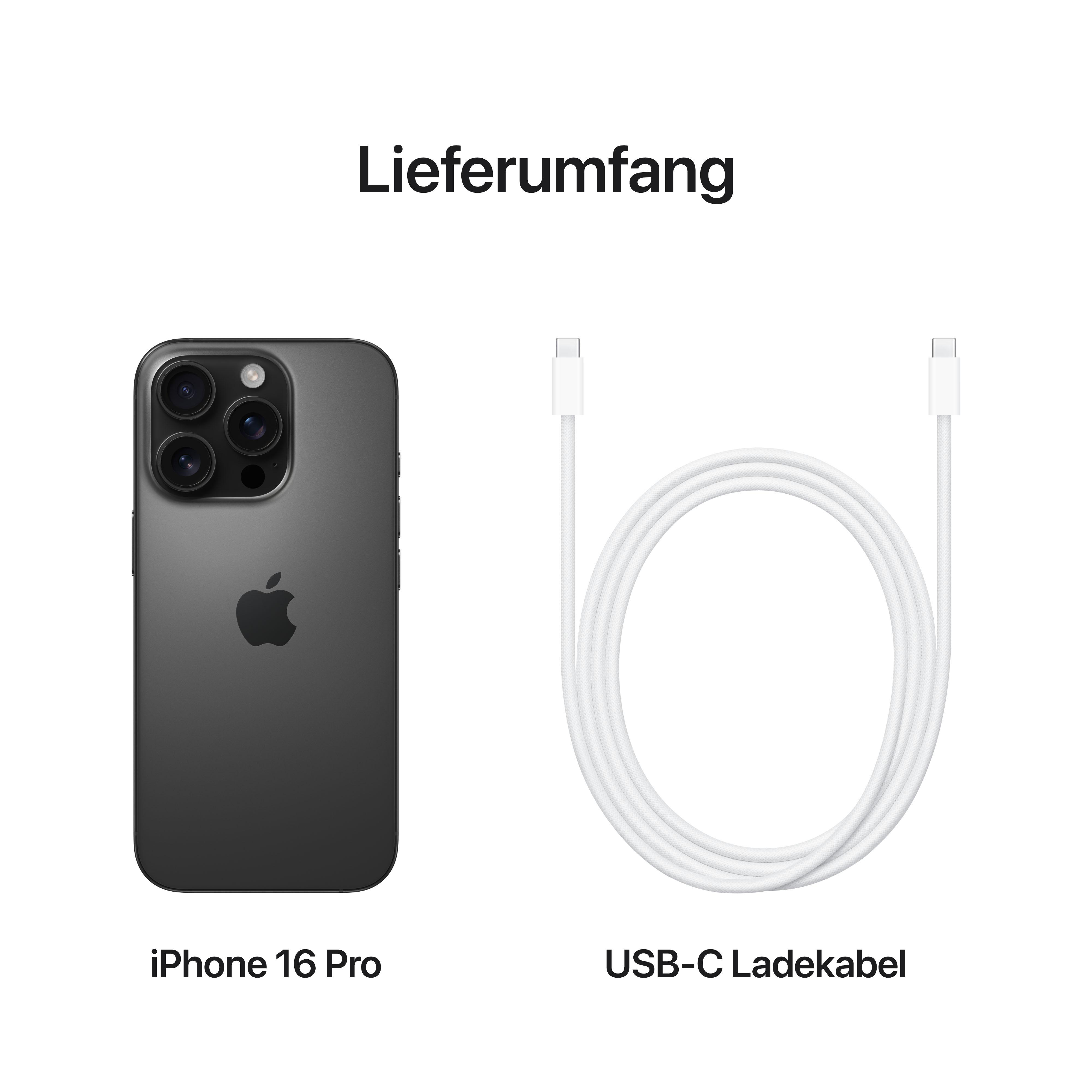 Ein dunkelgraues iPhone 16 Pro und ein weißes USB-C-Ladekabel auf weißem Hintergrund. Text oben: 'Lieferumfang'.