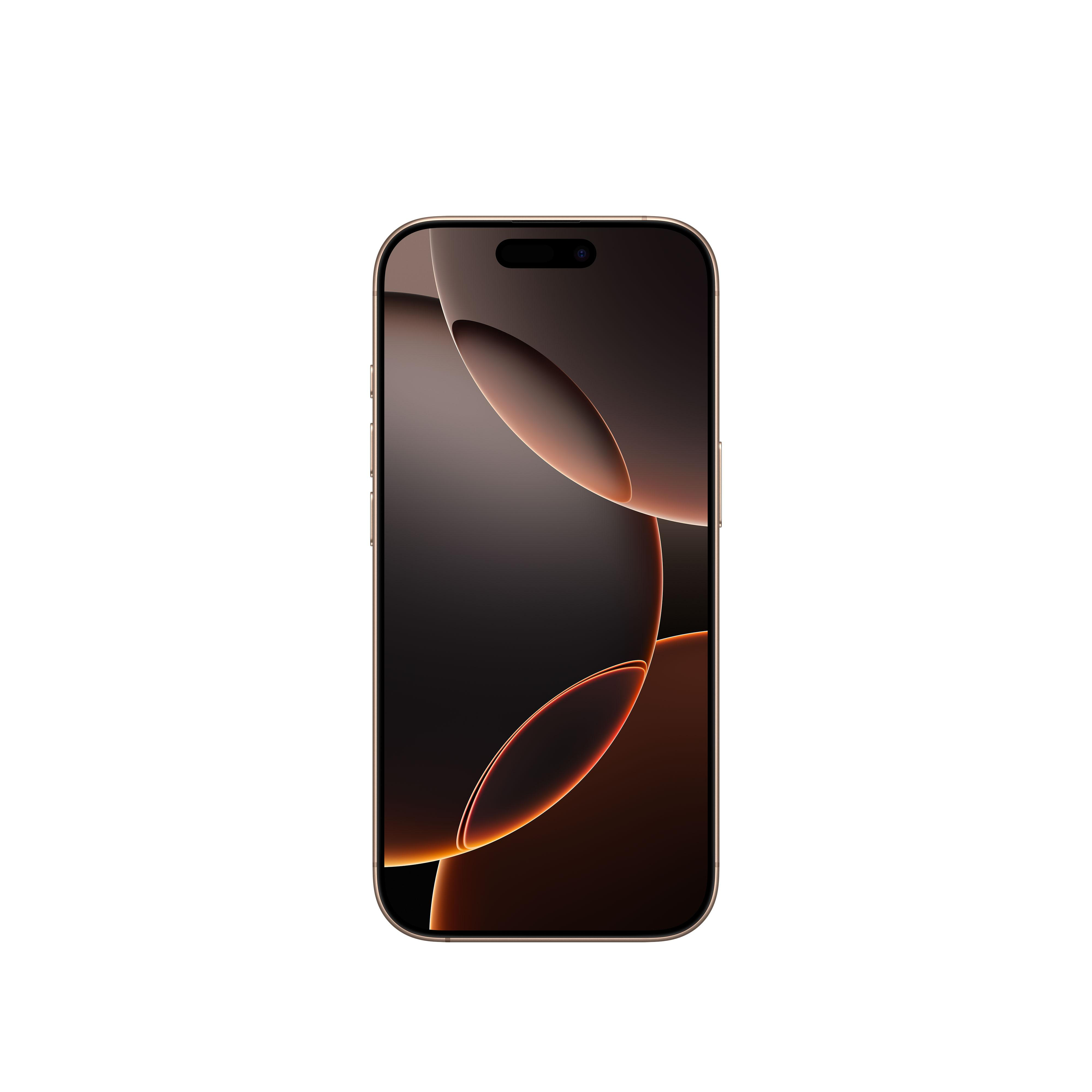 Goldenes iPhone mit schwarzem Bildschirm mit orangefarbenen und braunen abstrakten Formen, auf weißem Hintergrund.