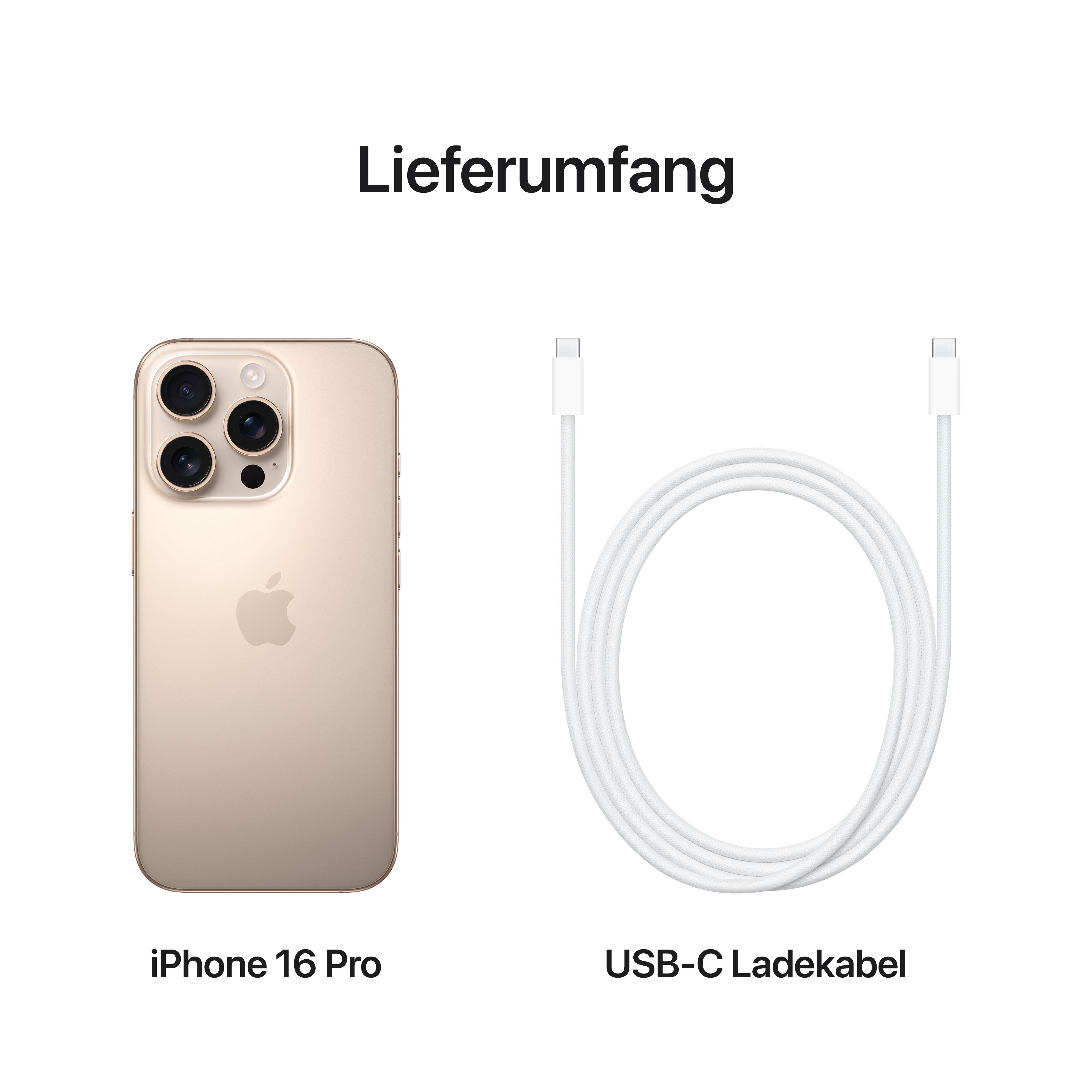 iPhone 16 Pro und USB-C-Ladekabel auf weißem Hintergrund, Produktpräsentation.