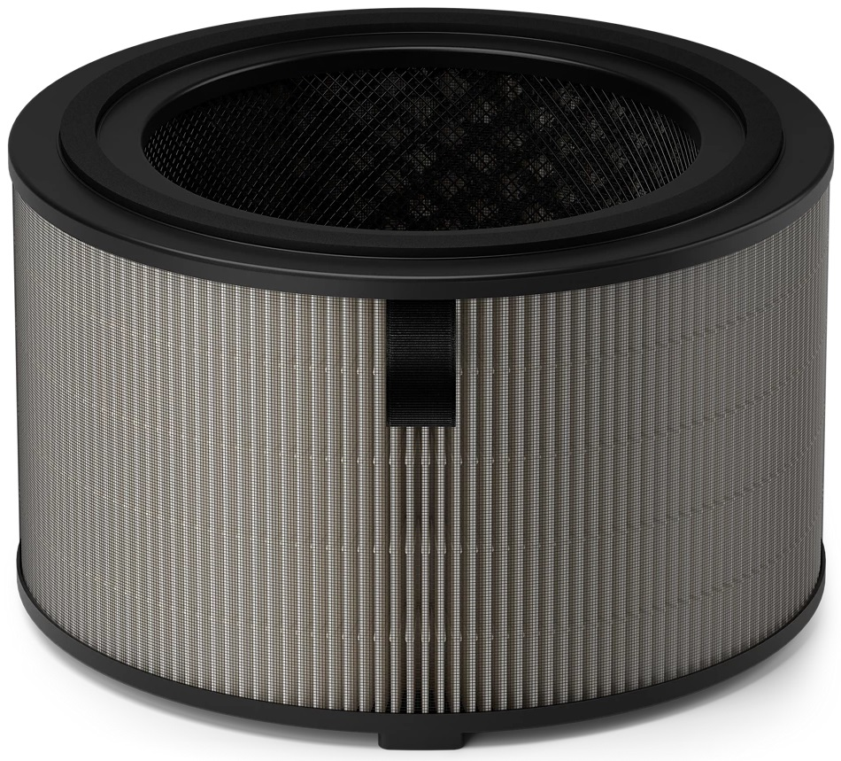 Zbliżenie cylindrycznego filtra powietrza z czarną ramą. Filtr jest szary i teksturowany.