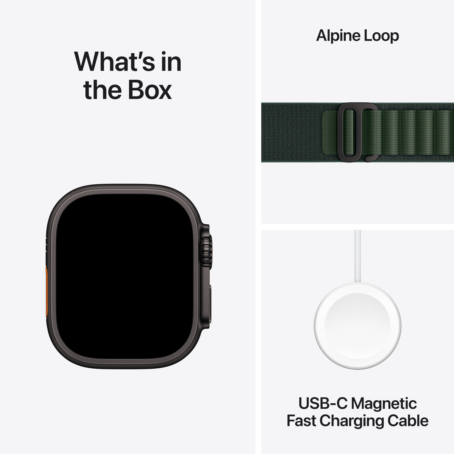 Box contents: a watch, an Alpine Loop band, and a USB-C charging cable.