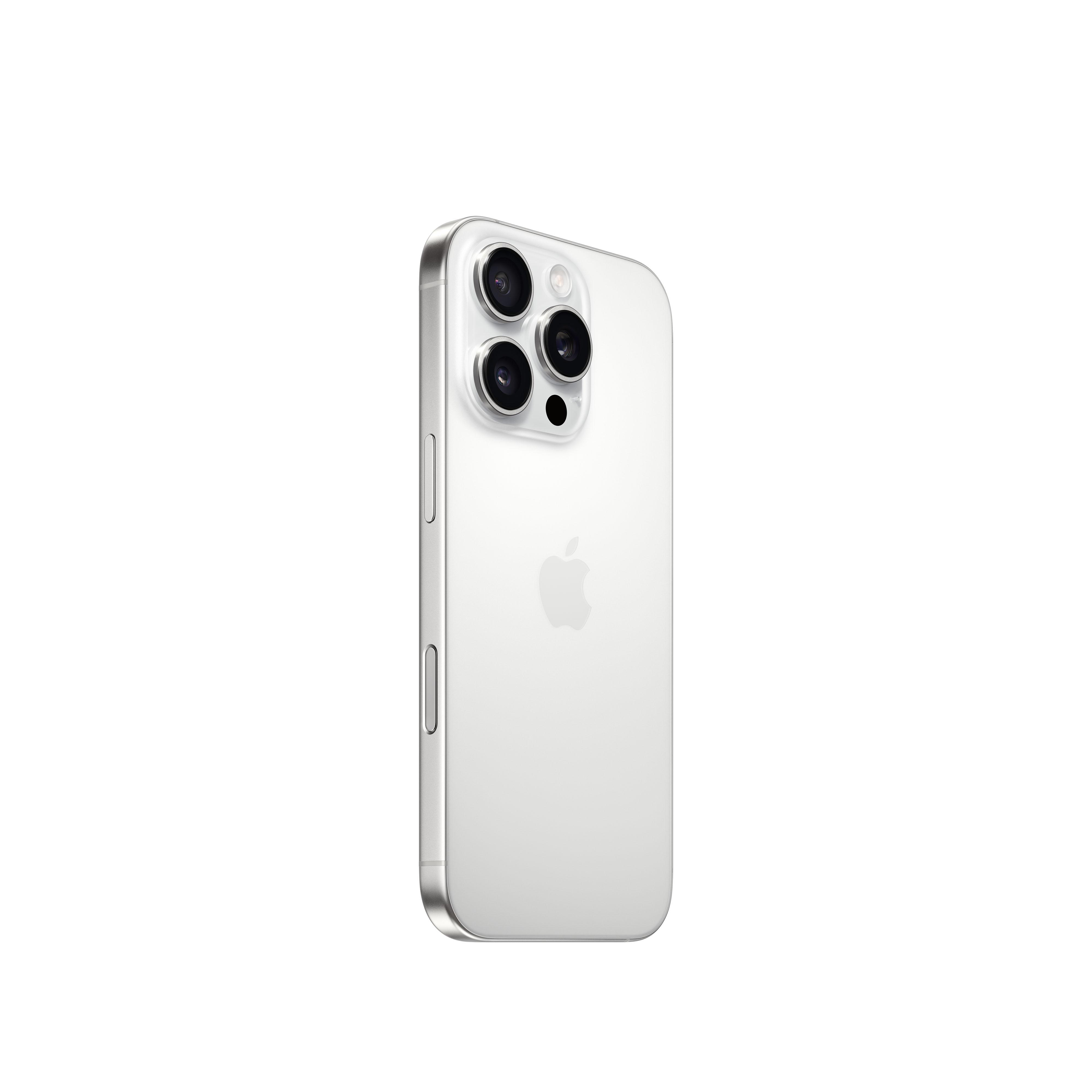 Weißes iPhone mit drei Rückkameras, Apple-Logo sichtbar.