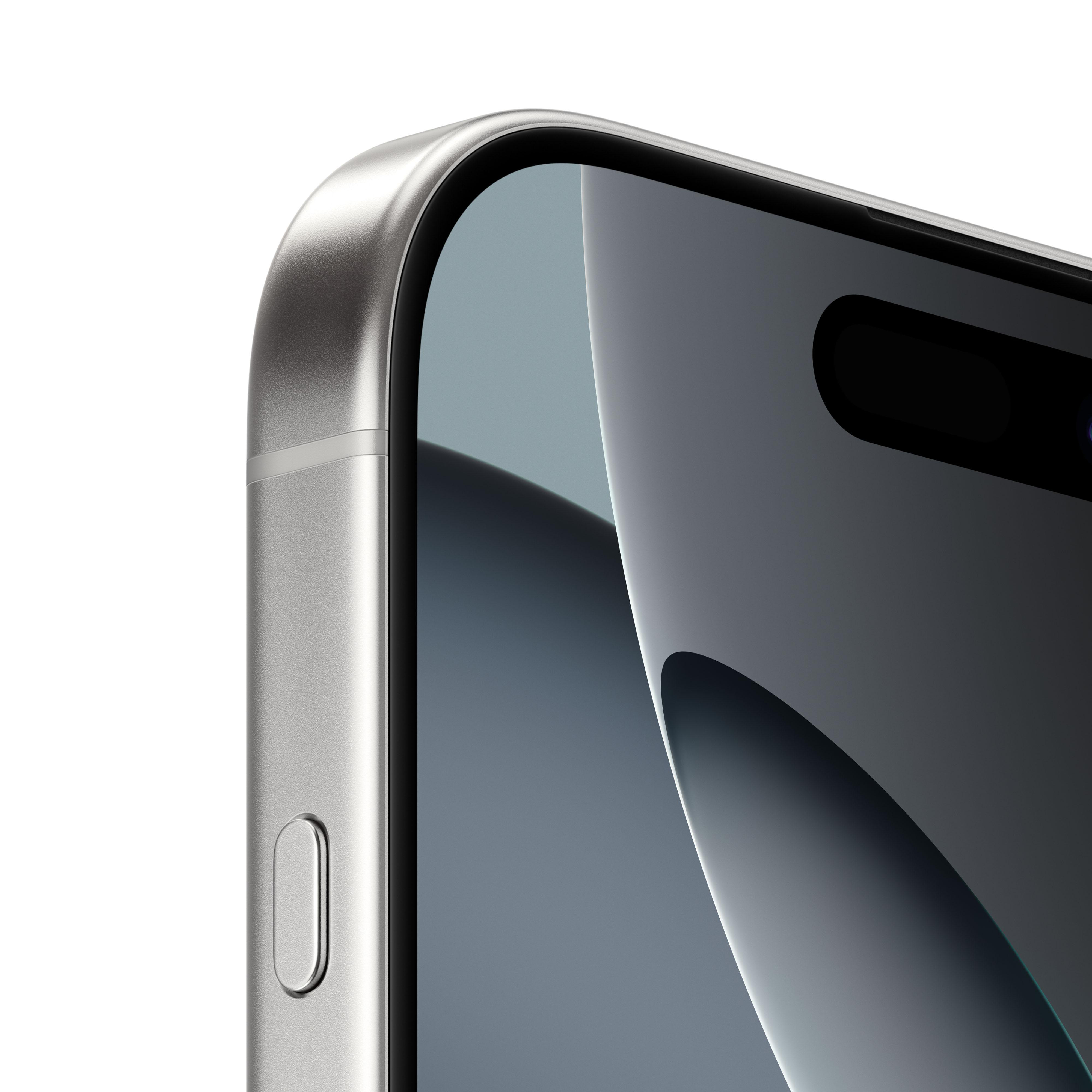 Nahaufnahme der oberen Ecke eines silbernen iPhones mit Bildschirm, Kamera und Seitentaste.