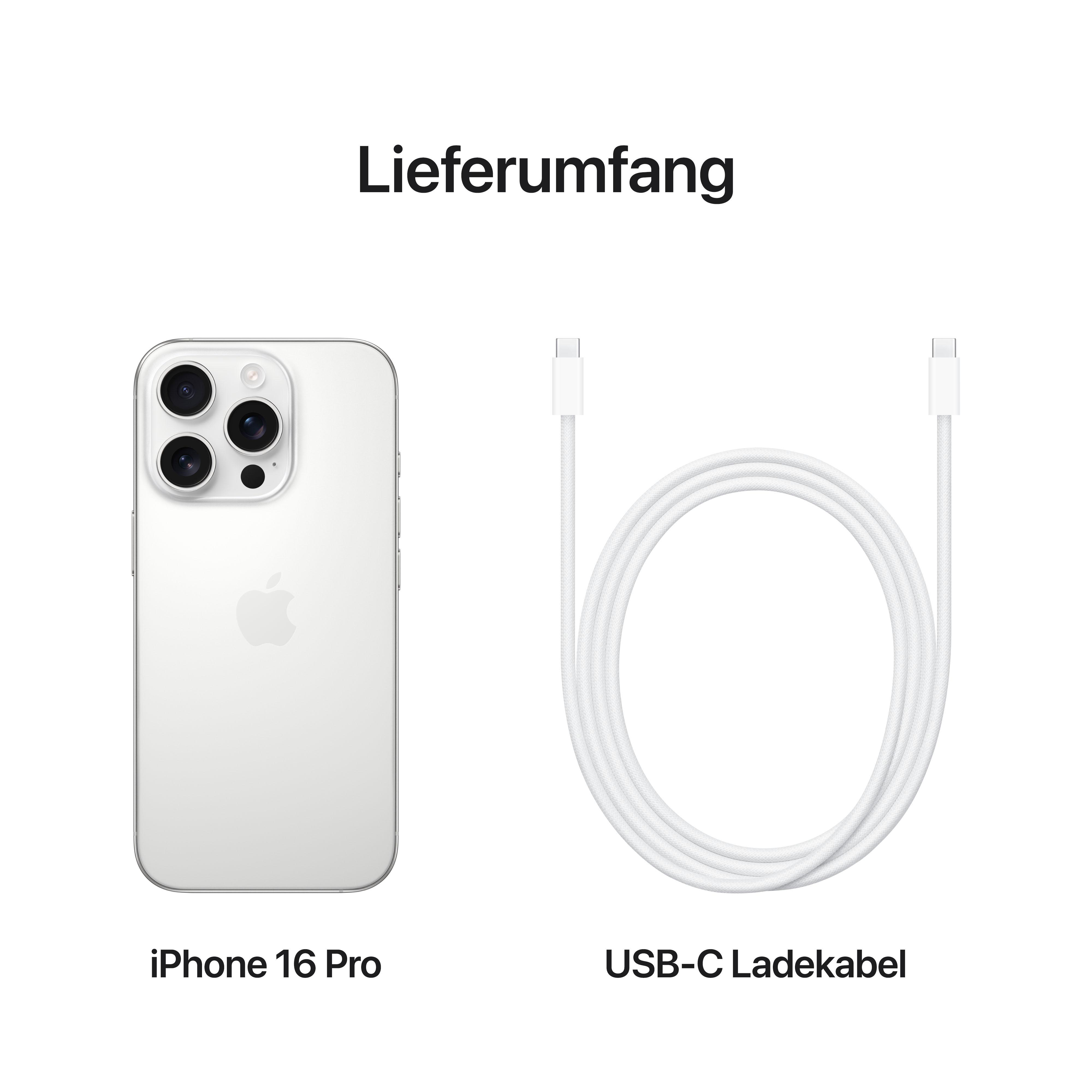 Weißes iPhone 16 Pro und USB-C-Kabel, Rückansicht, vor weißem Hintergrund.