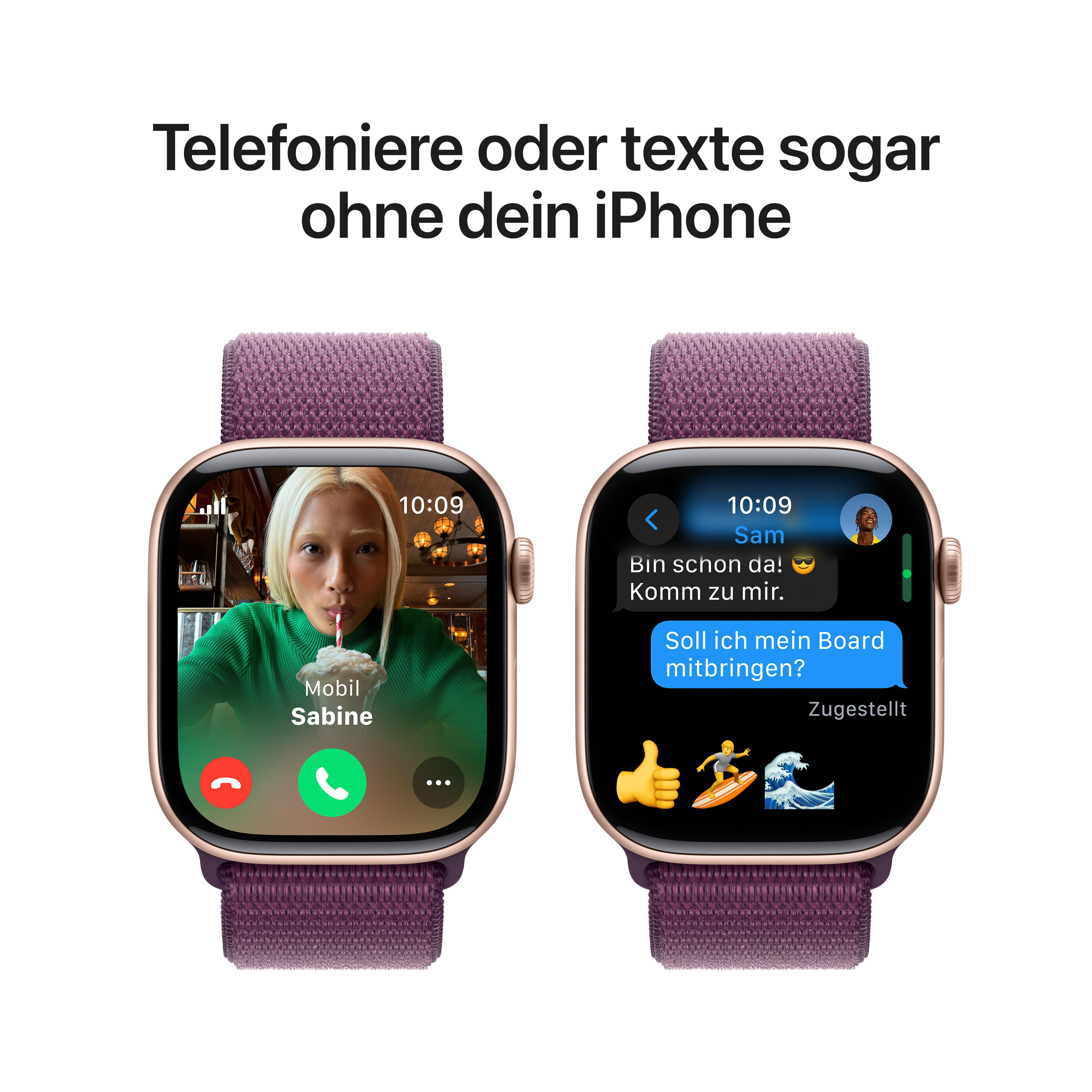 Zwei Apple Watches zeigen Anrufe und Texte. Eine zeigt einen Anruf, die andere Texte mit Emojis.