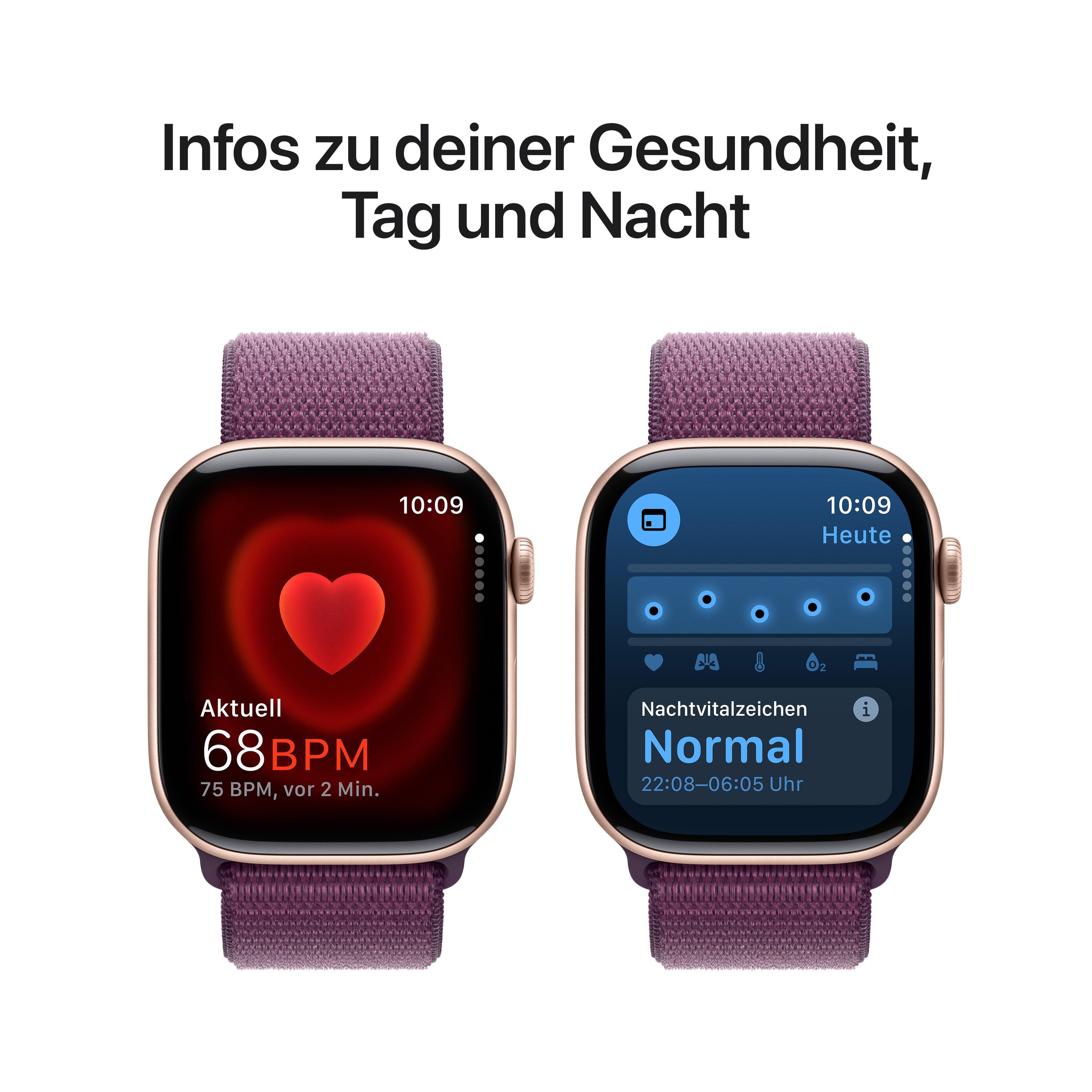 Zwei Smartwatches zeigen Herzfrequenz- und Schlafdaten. Text: Infos zu deiner Gesundheit, Tag und Nacht.