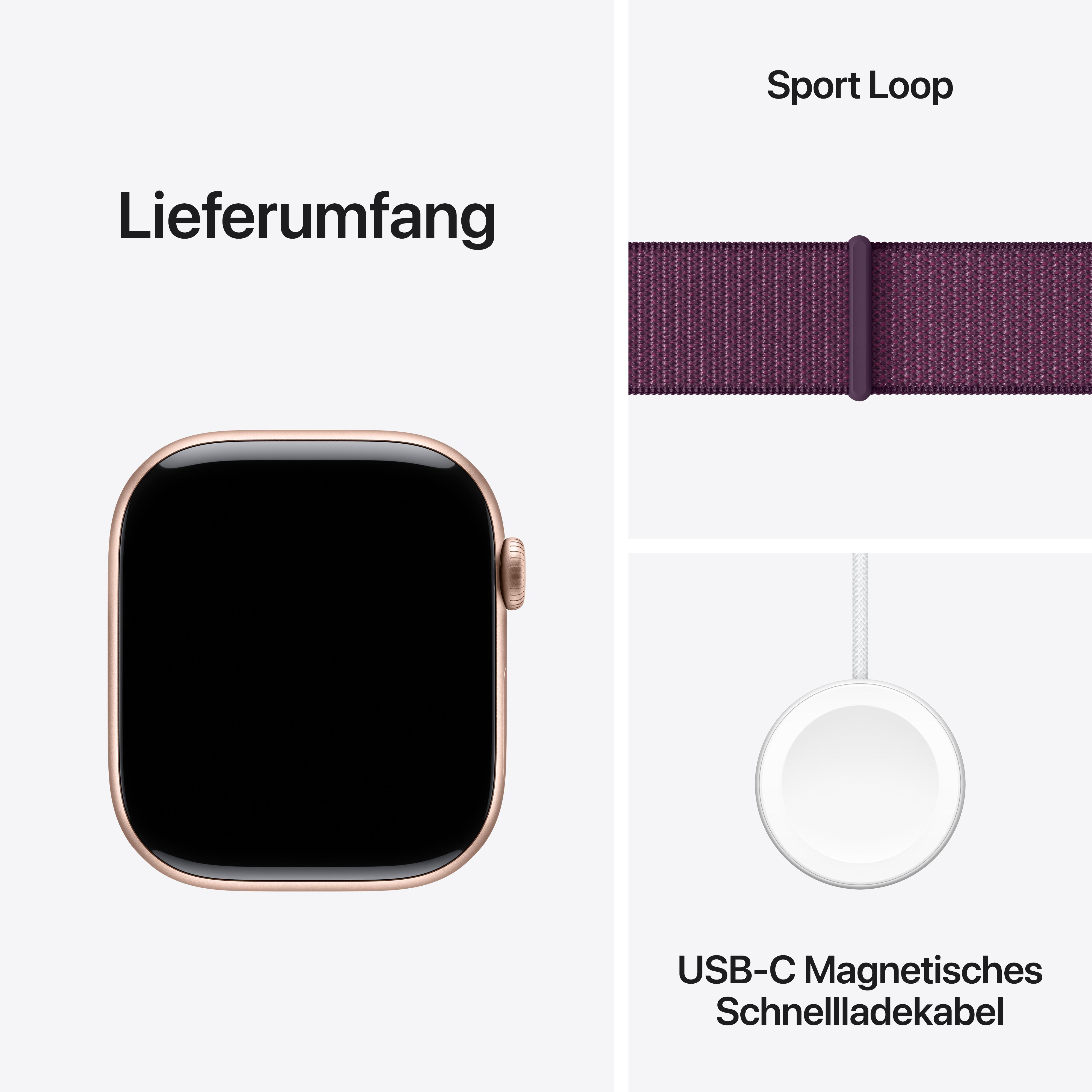 Eine Uhr, ein Band und ein Ladegerät. Text: Lieferumfang.