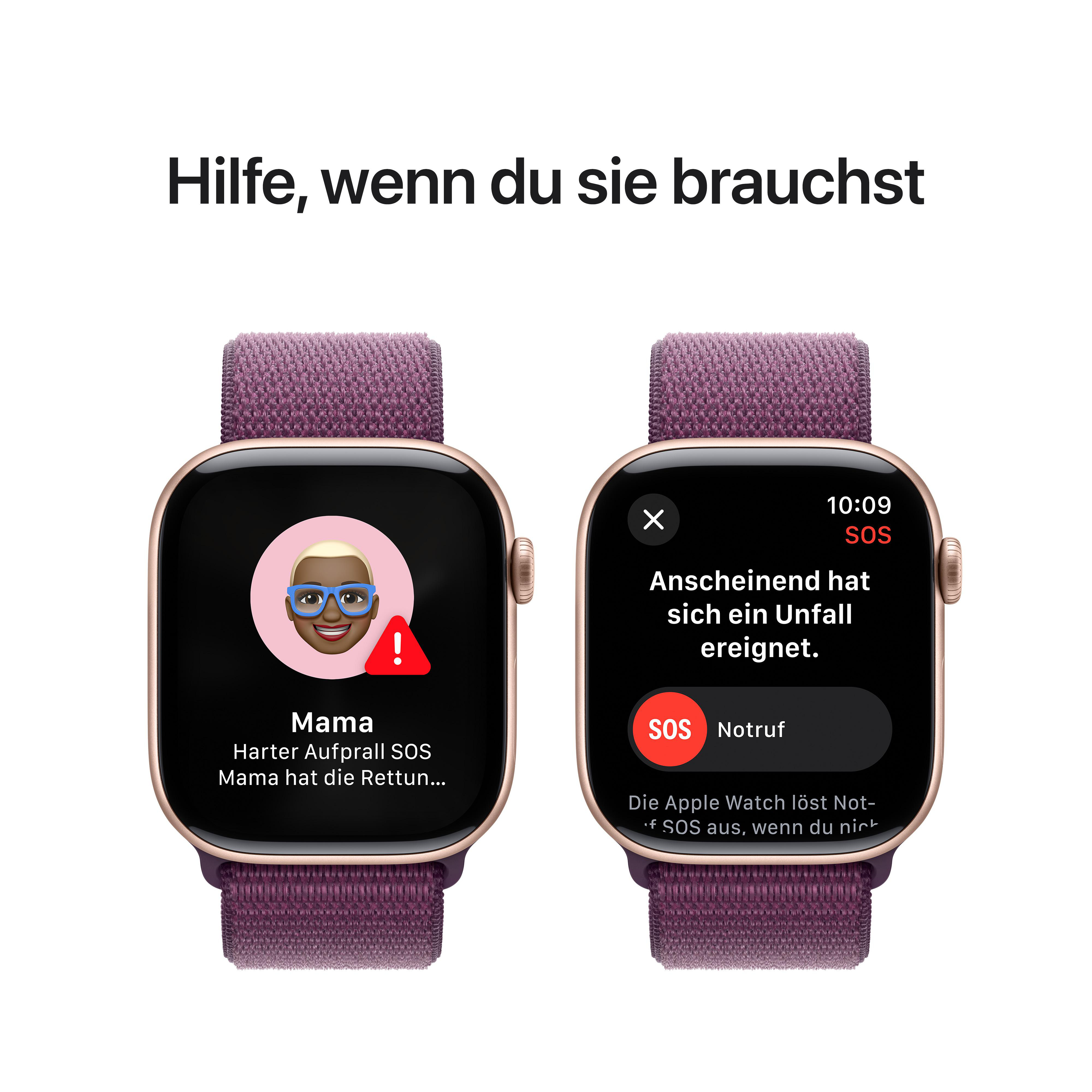 Apple Watch zeigt SOS-Anruf von Mama nach Sturz, mit Notfallkontakten-Alarm.