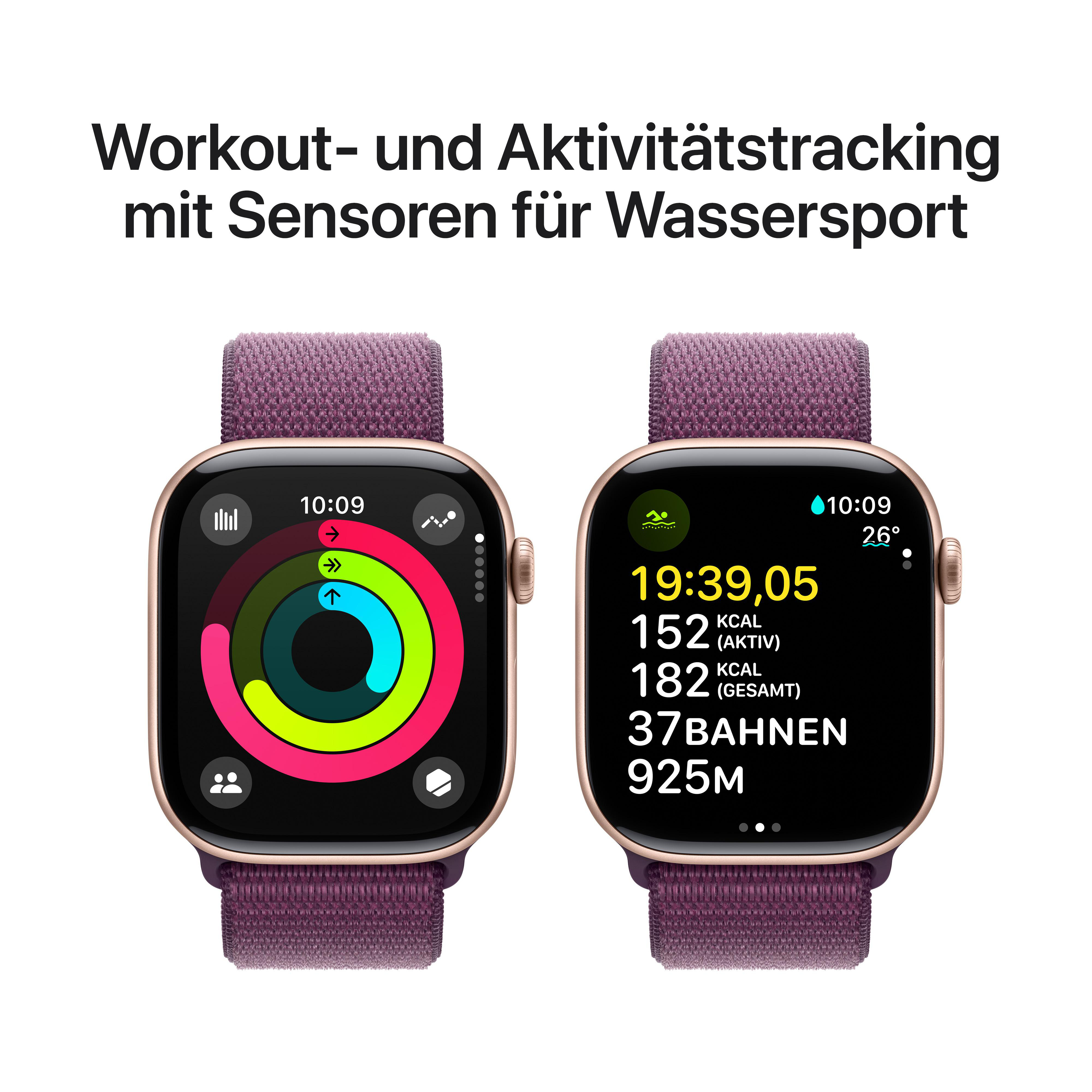 Zwei Smartwatches mit Aktivitätsverfolgung; eine zeigt Aktivitätsringe, die andere Trainingsmetriken.