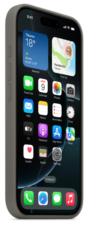 Smartfon z szarą obudową, wyświetlający ekran główny z ikonami aplikacji, widżetami i godziną 9:41.