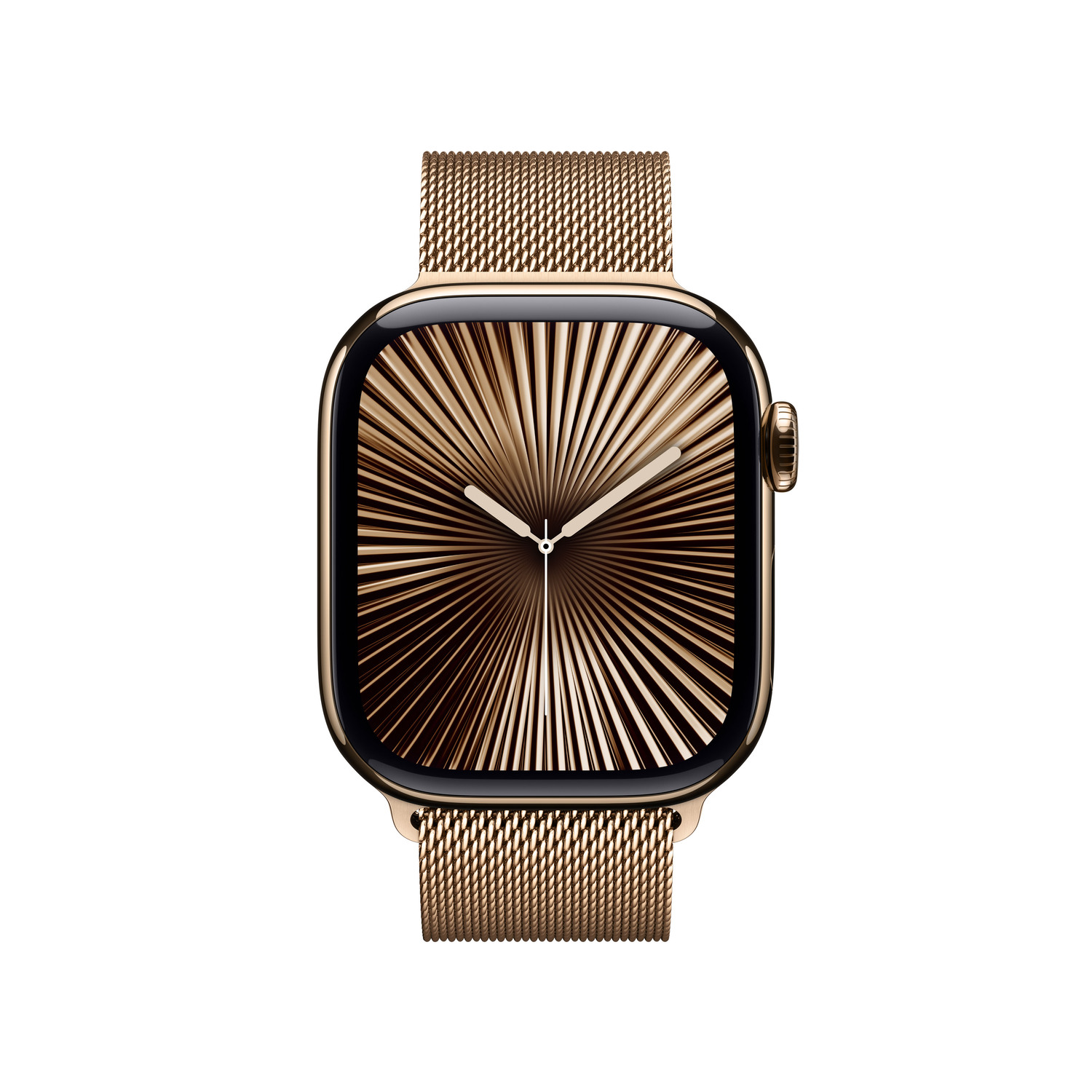 Apple Watch avec boîtier doré et bracelet à maillons milanais doré, avec cadran doré.