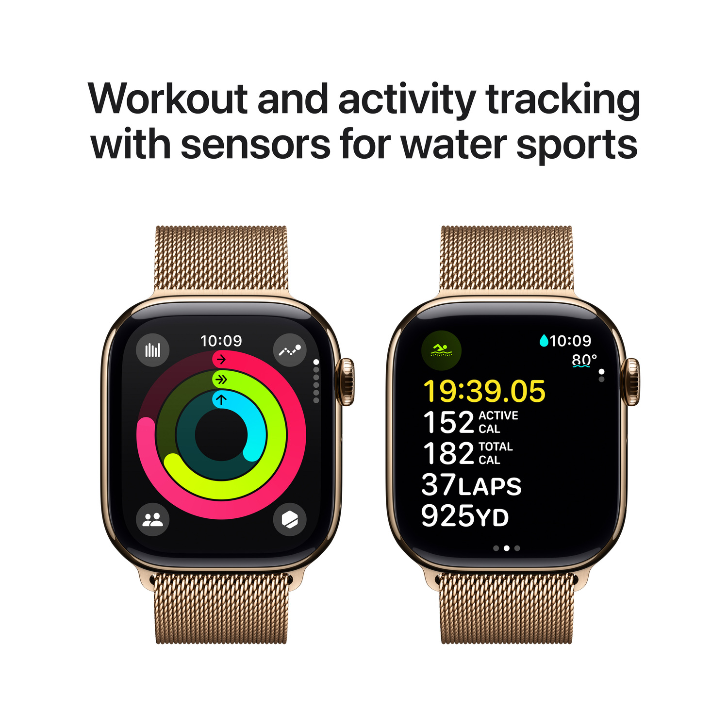 Deux Apple Watch affichant les données de suivi des entraînements et de l'activité, avec bracelet doré et maillage.
