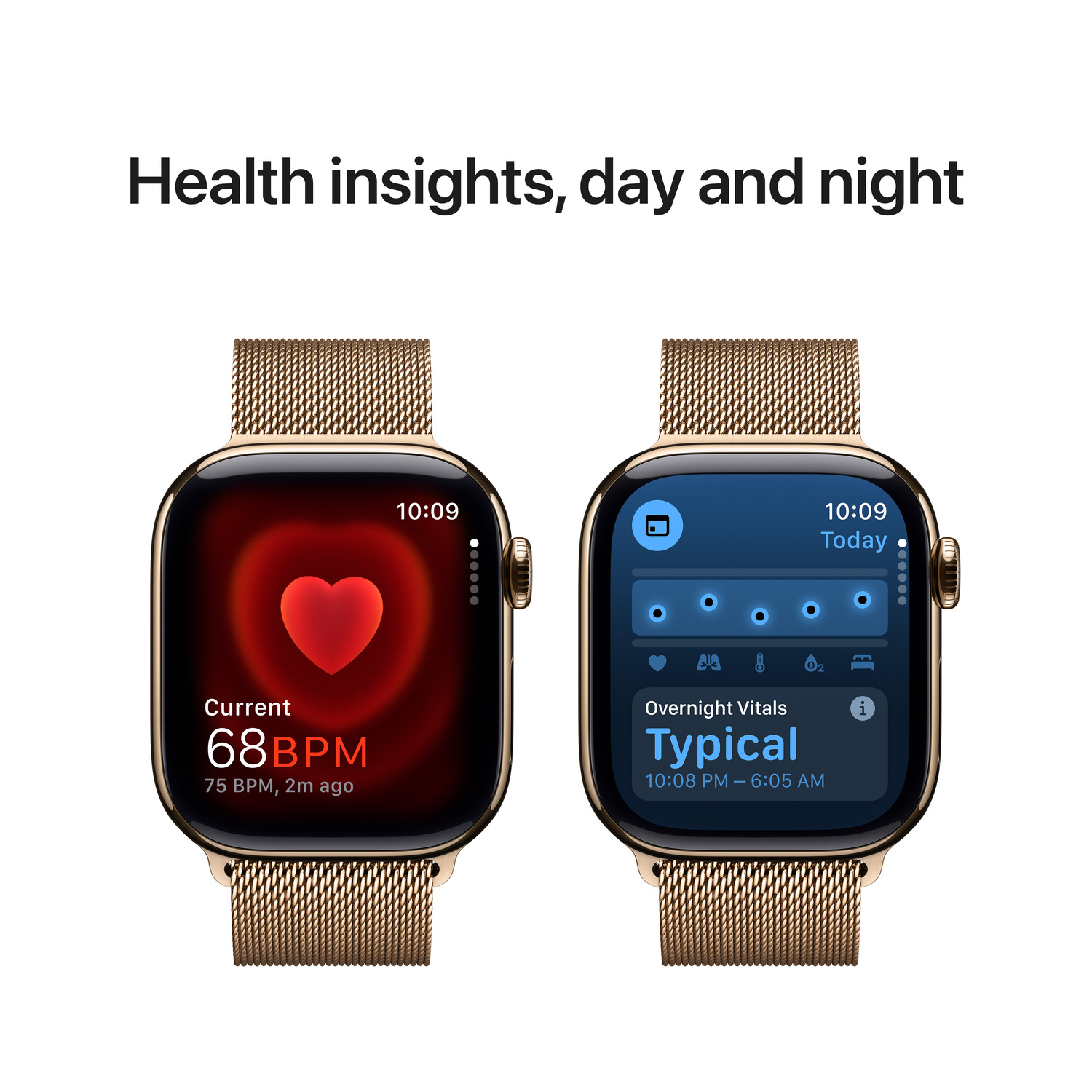 Deux Apple Watch affichant des données de santé. L'une montre la fréquence cardiaque, l'autre les détails du sommeil, sur fond blanc.
