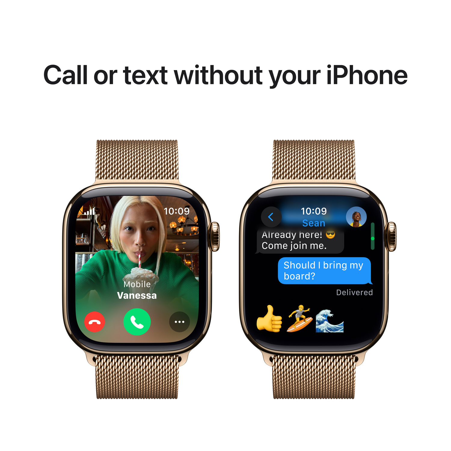 Deux Apple Watch, l'une avec une femme en appel vidéo et l'autre avec une conversation par SMS.
