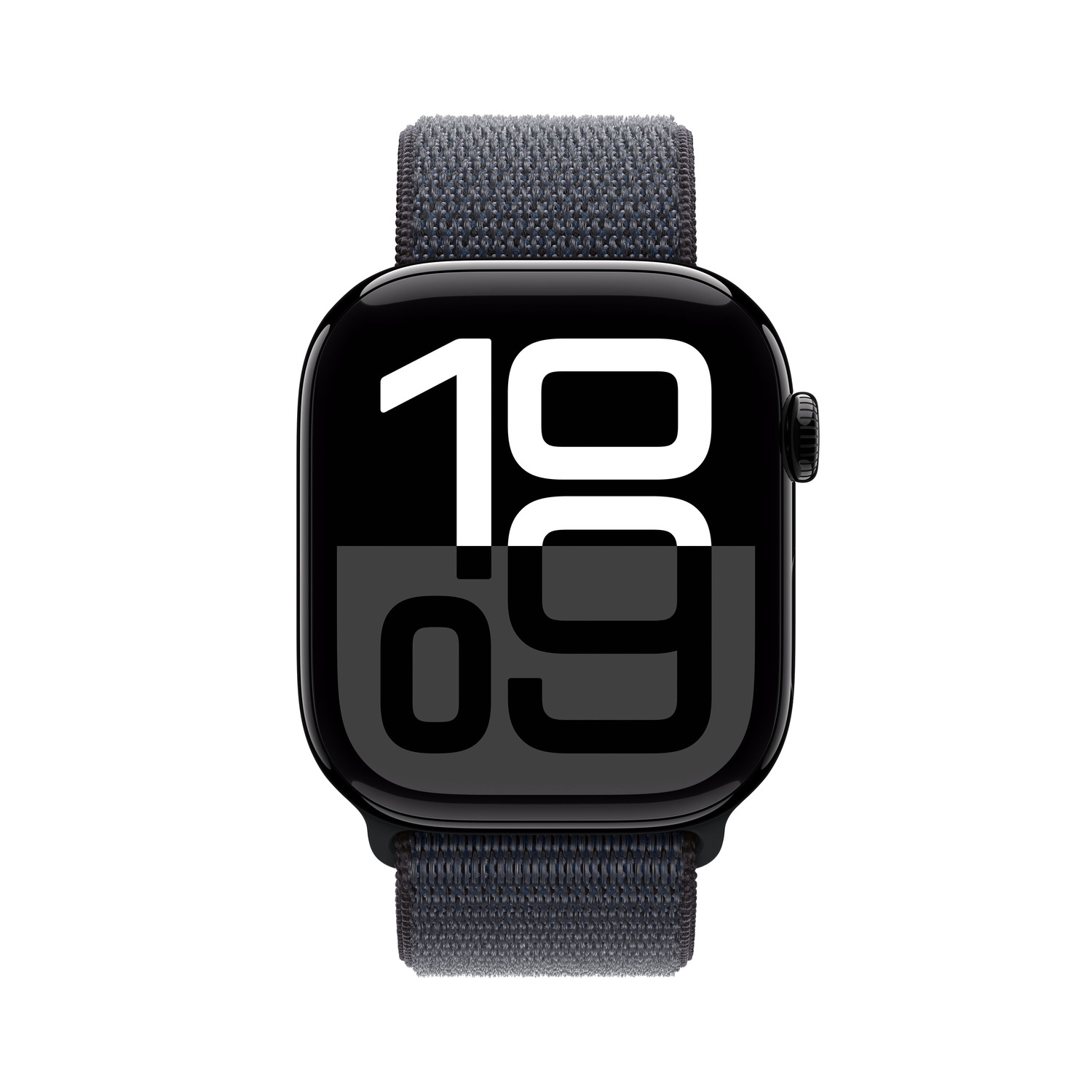 Zwarte smartwatch met zwarte band toont tijd 19:09 op zwart scherm.