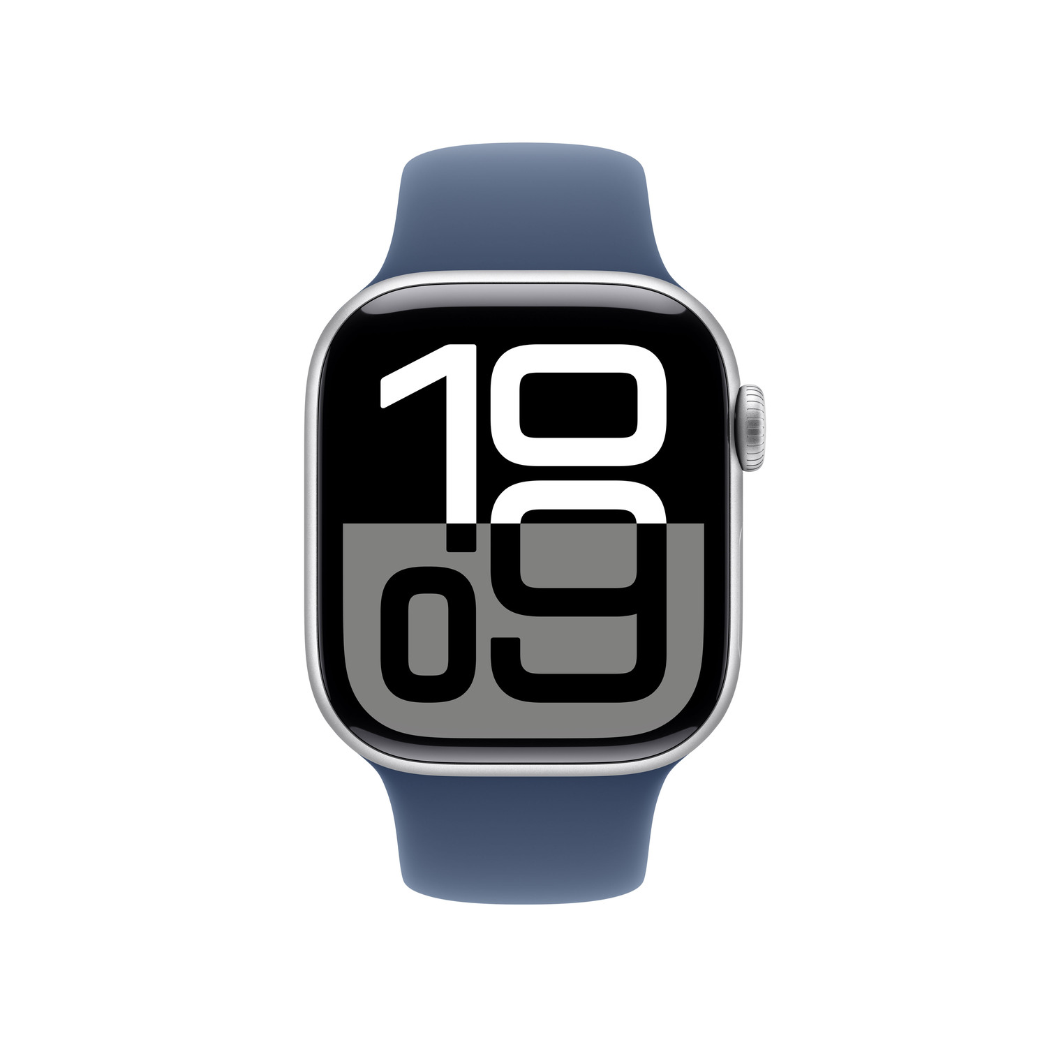 Apple Watch avec bracelet bleu, affichant l'heure 19:09 sur un écran noir.