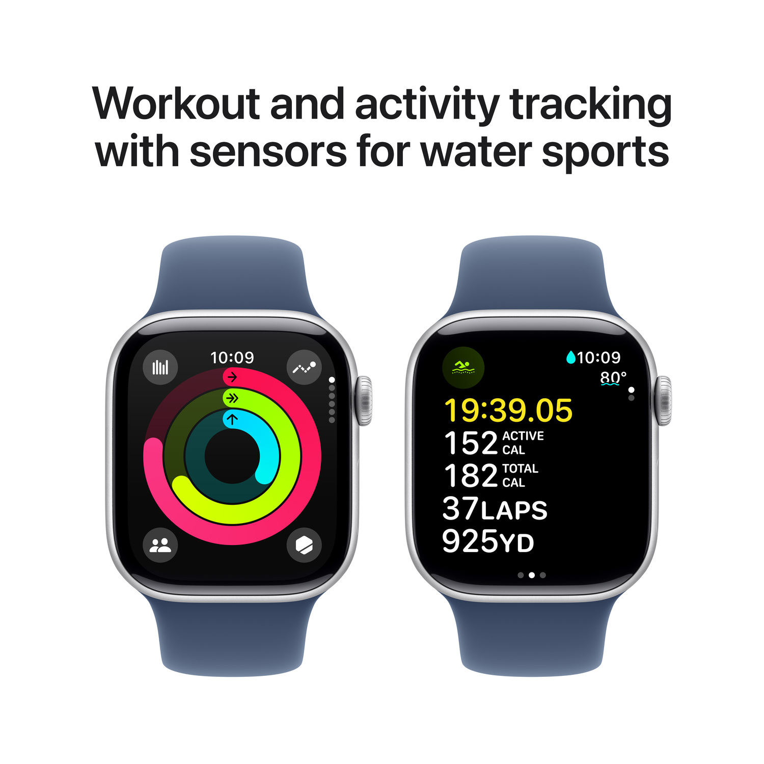Deux montres connectées, une avec un anneau d'activité coloré, l'autre avec des données d'entraînement.