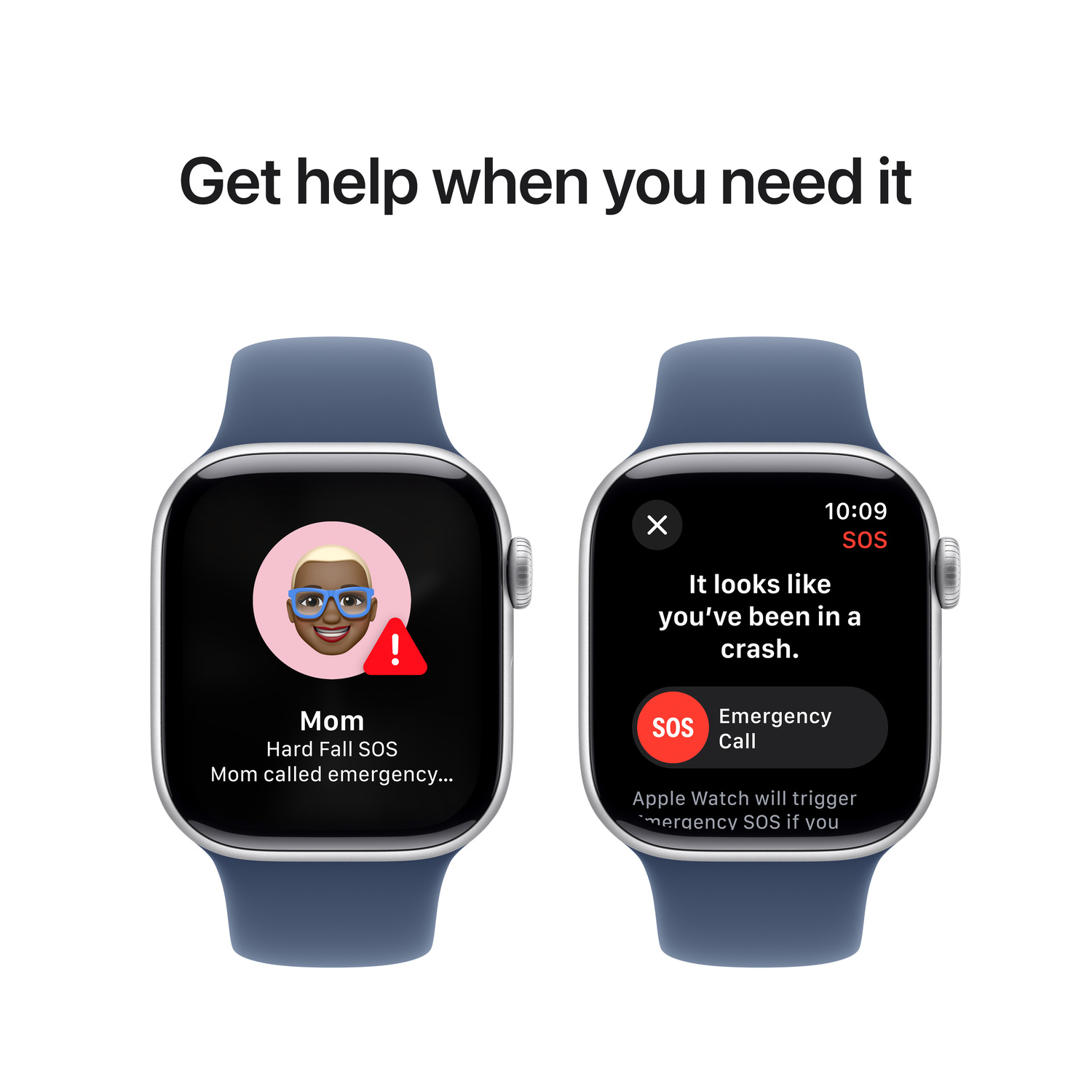 Smartwatches affichant appel d'urgence et SOS chute brutale. Bracelets bleus. Fond blanc.