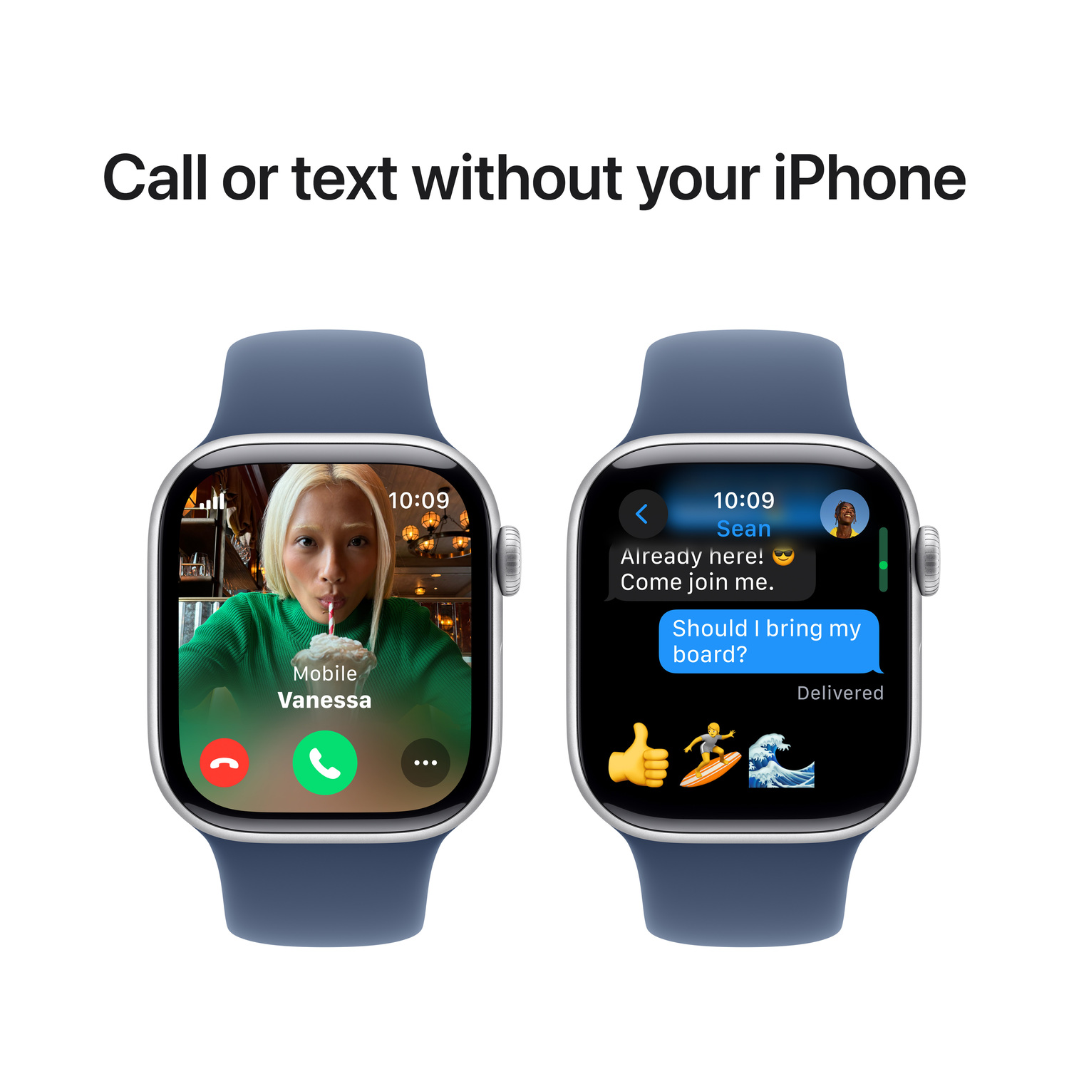 Deux smartwatches affichant des appels et des SMS. L'une montre un appel vidéo, l'autre un échange de texte.