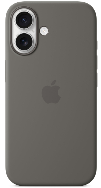 Szary telefon z modułem aparatu. Logo Apple z tyłu. Białe tło.