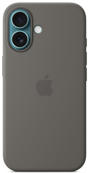 Szare etui na iPhone'a z logo Apple i obiektywem aparatu.