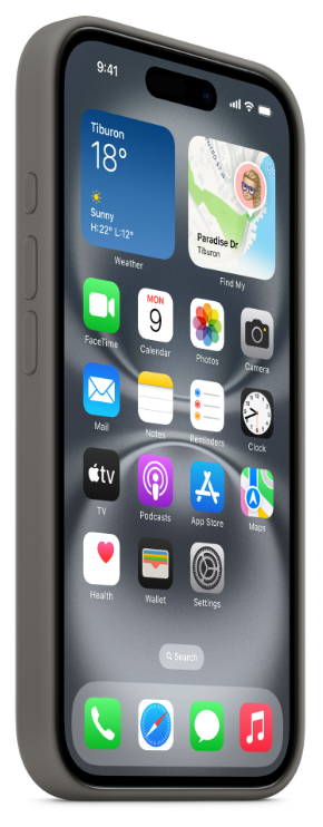 iPhone z ekranem głównym, widżetami pogody i mapy. Szare etui, przyciski po lewej.