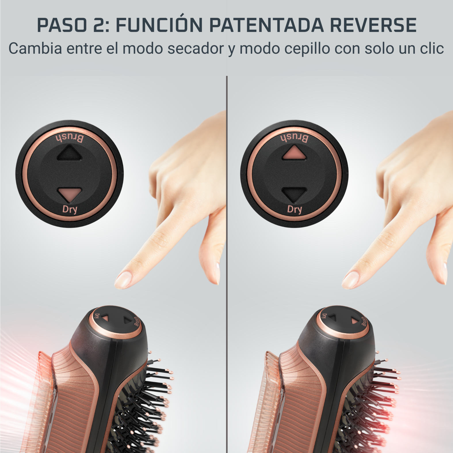Manos interactuando con un secador de pelo, mostrando los modos cepillo y secado.
