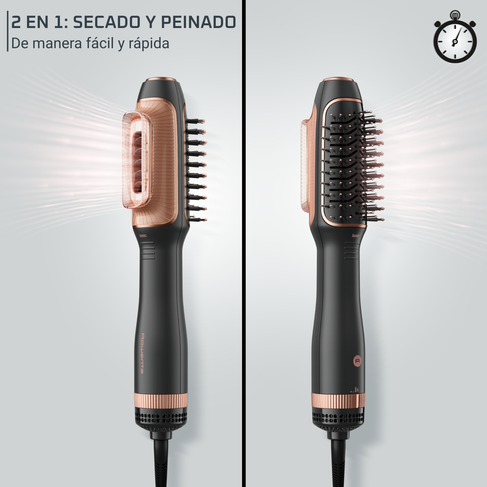 Dos secadores de pelo con diferentes accesorios, mostrando funciones de secado y peinado.